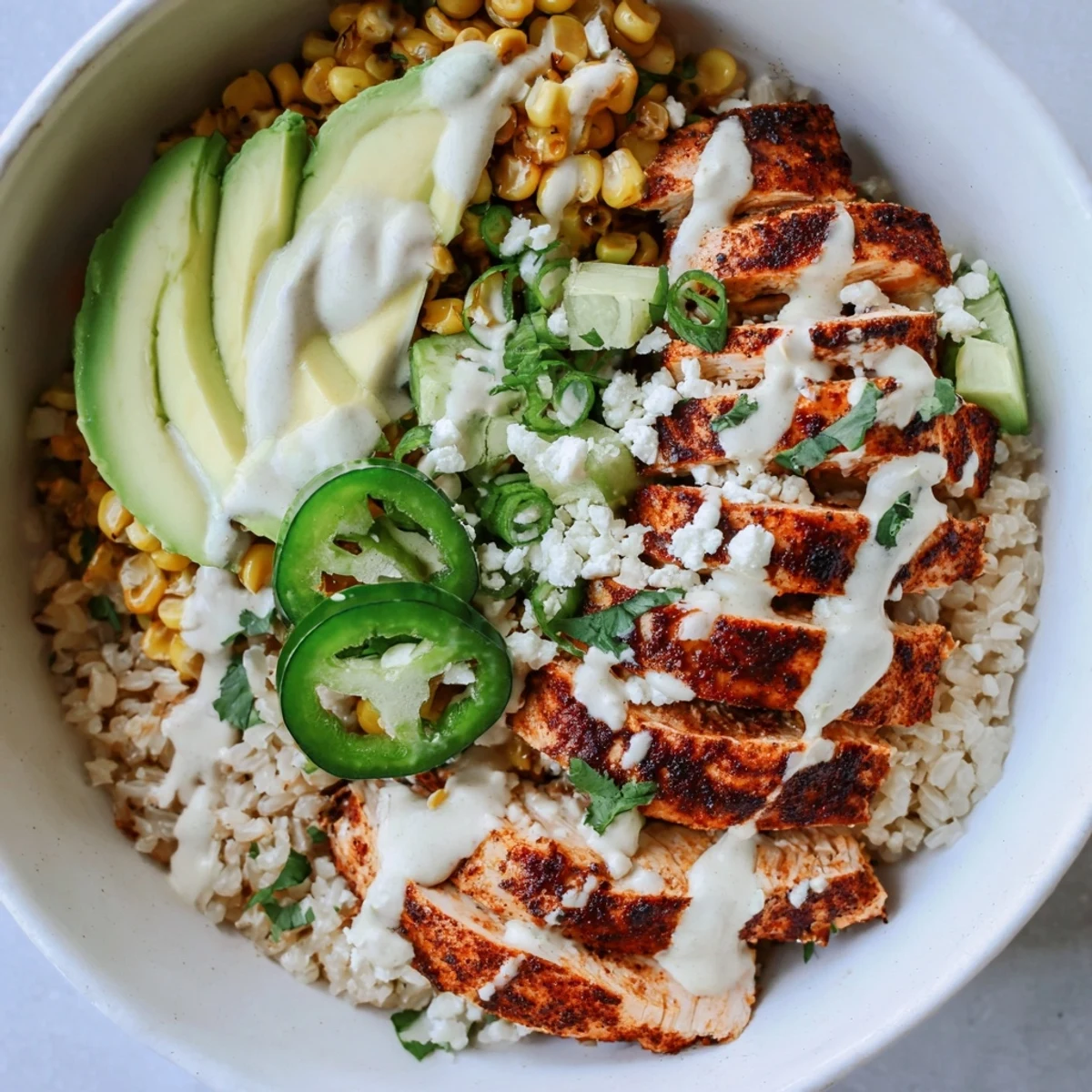 This Street Corn Chicken Bowl features creamy avocado and tangy cotija cheese with fresh cilantro and green onions.
