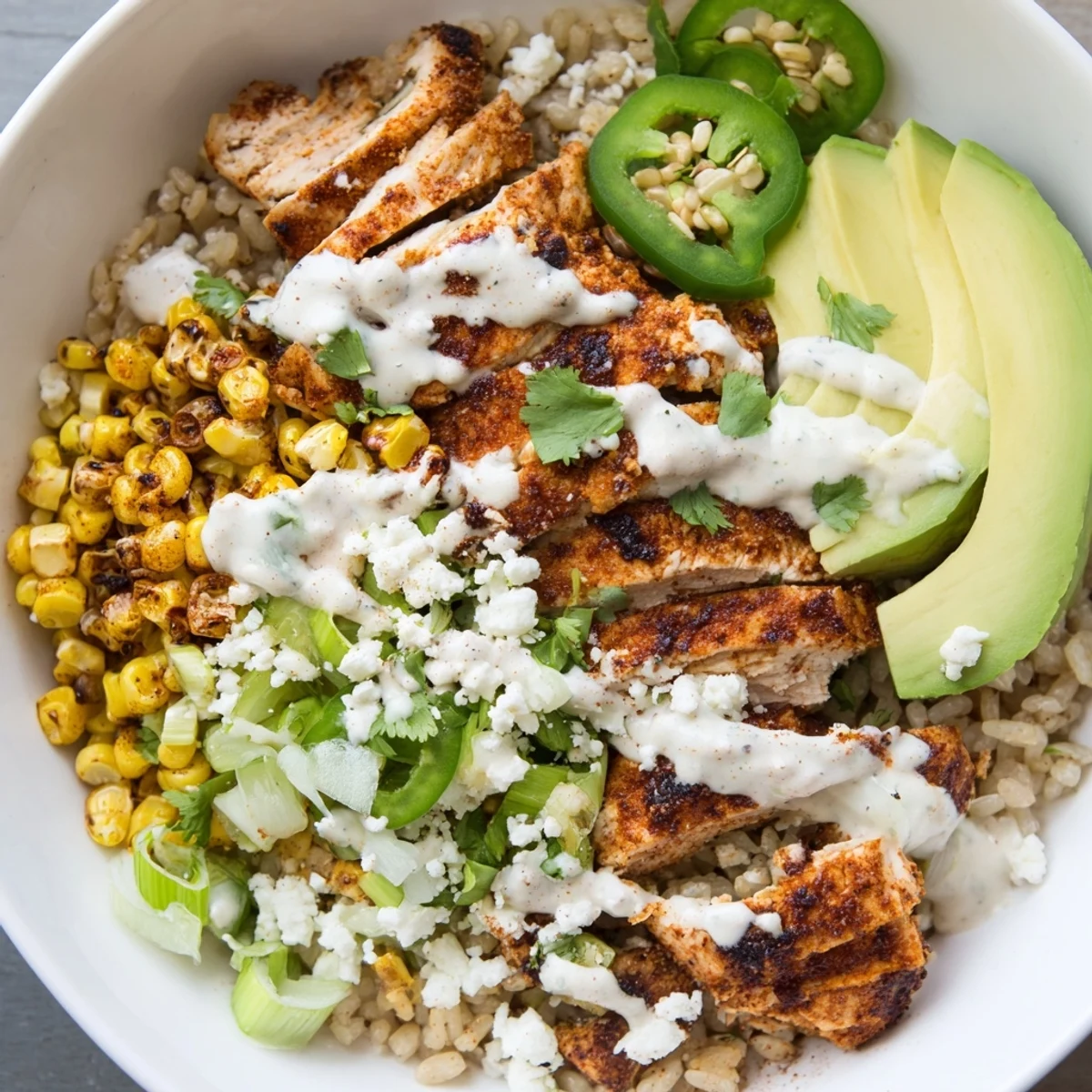 A vibrant Street Corn Chicken Bowl drizzled with lime crema, served with extra lime wedges for squeezing.