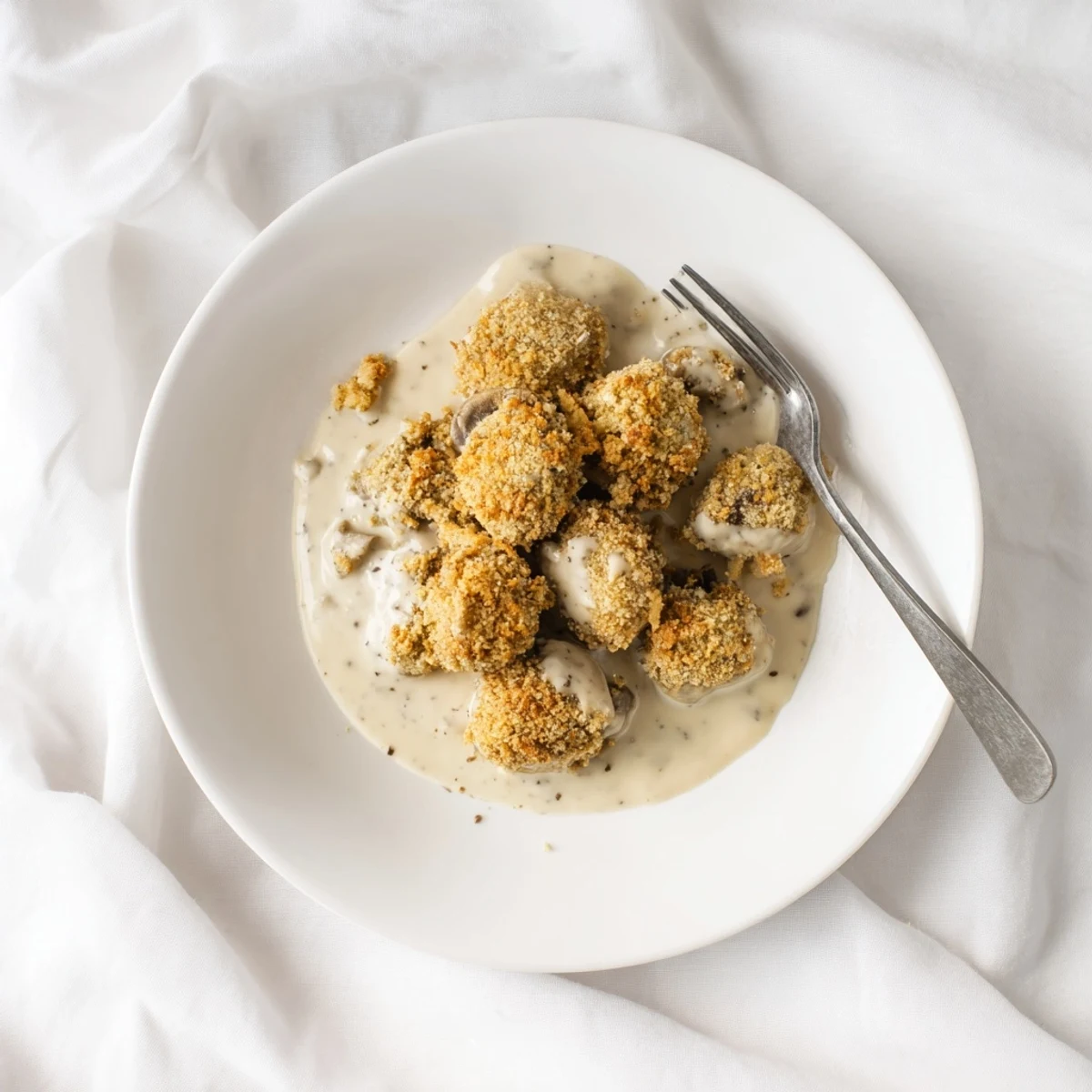 Hearty vegetarian Chicken Fried Mushrooms with Gravy, drizzled with peppery sauce and paired with flaky biscuits.