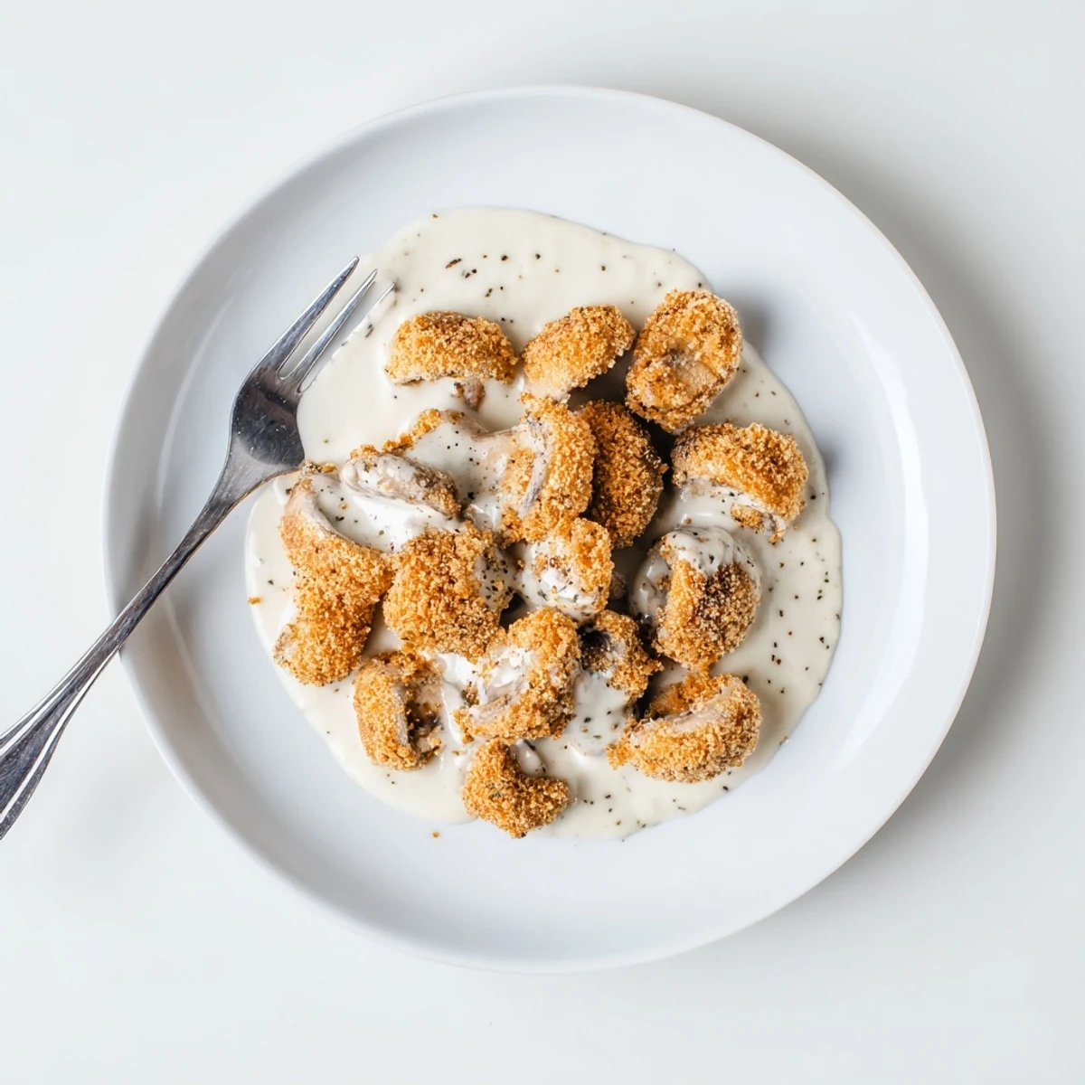 Golden-brown, crispy Chicken Fried Mushrooms with Gravy served over creamy mashed potatoes on a rustic plate.