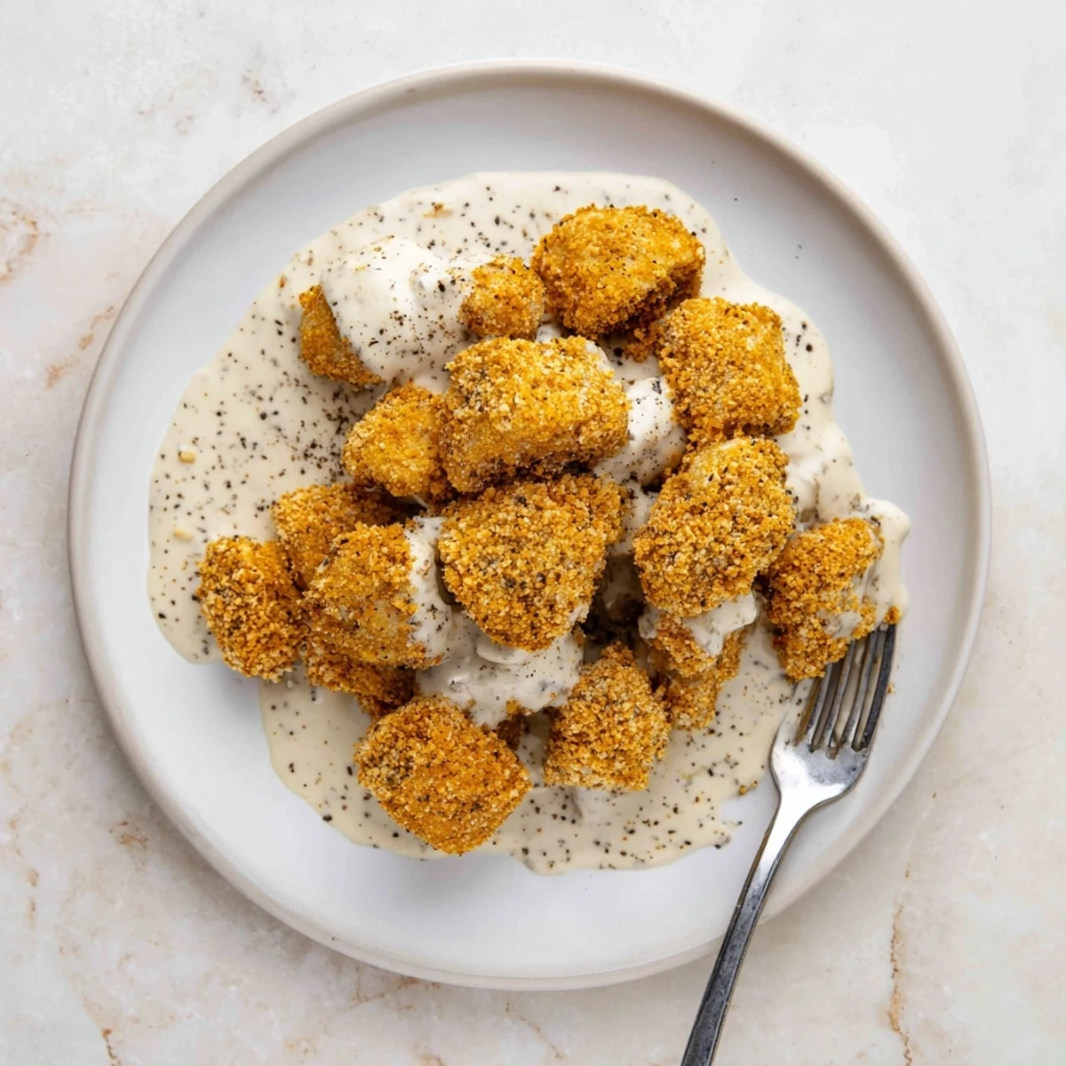 Sizzling fried mushrooms with creamy gravy, topped with fresh chives and ready to serve at dinner.