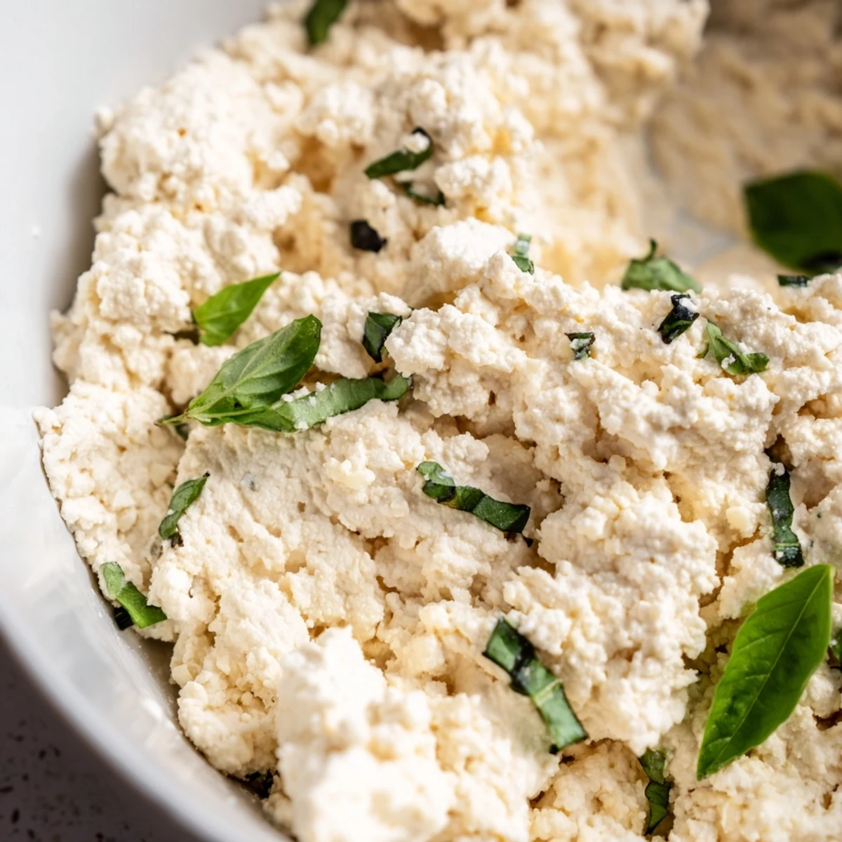 Creamy Tofu Ricotta in a white bowl with herbs, showing the soft, spreadable texture for vegan lasagna.