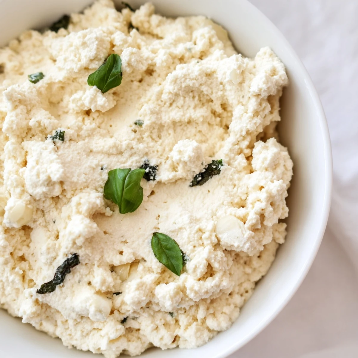 Freshly made Tofu Ricotta topped with basil leaves, a perfect dairy-free alternative for Italian dishes.