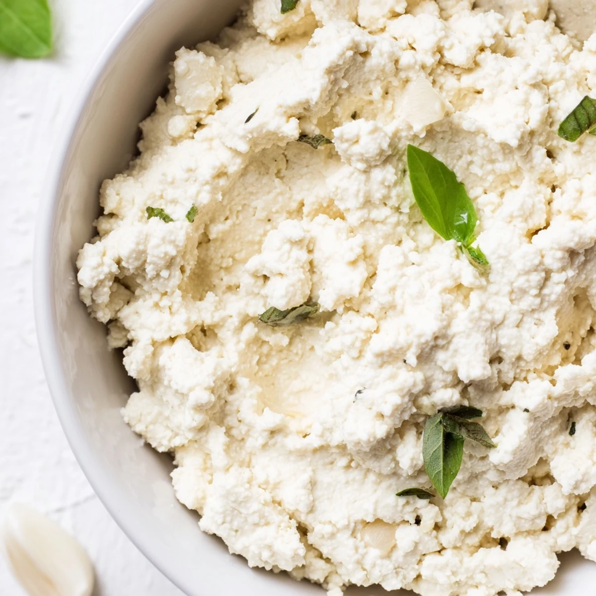 Smooth, savory Tofu Ricotta in a rustic setting, ready to be stuffed into shells or used as a dip.