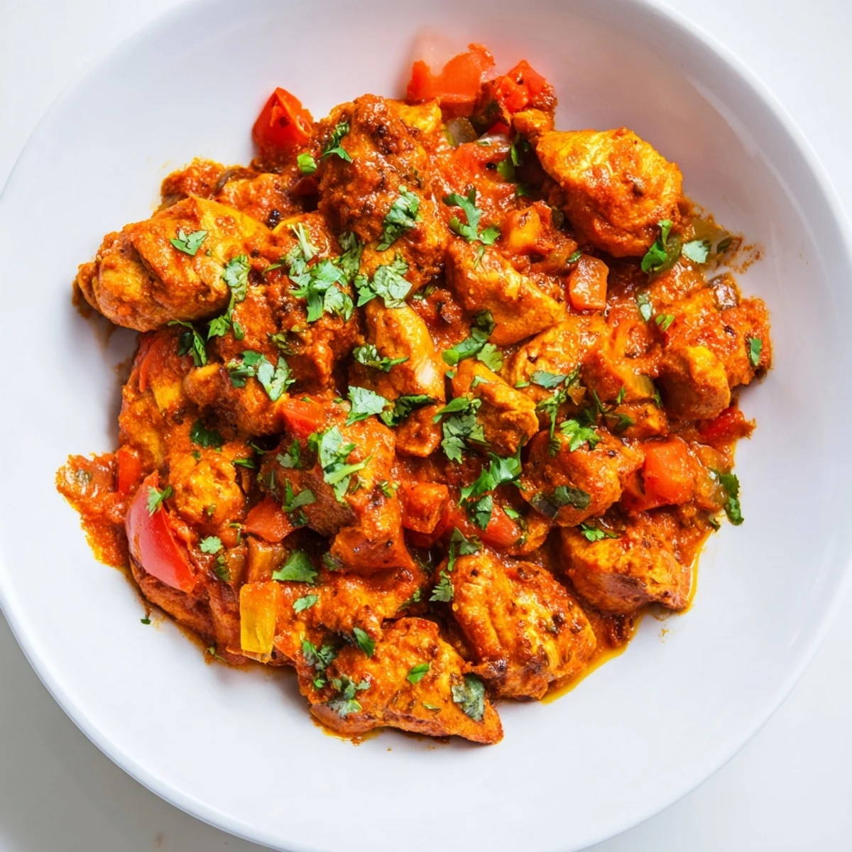 Close-up of tender chicken pieces in a rich Spiced Chicken Curry with Ginger, Garlic & Jalapeño, showing vibrant tomato and onion sauce.