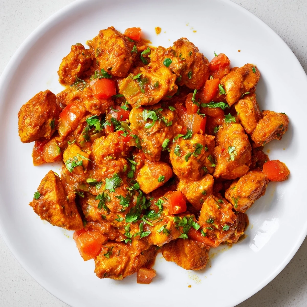 Spicy and aromatic Spiced Chicken Curry with Ginger, Garlic & Jalapeño served in a white ceramic dish, perfect with warm naan bread.