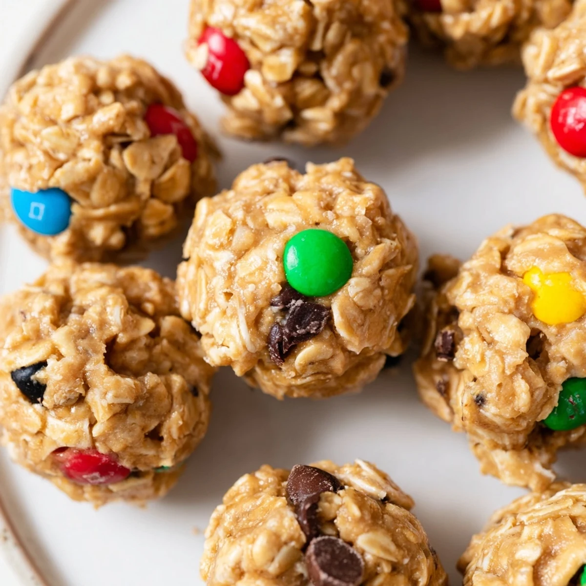 Golden brown Monster Cookie Protein Balls are pictured on a parchment-lined tray for a wholesome snack.