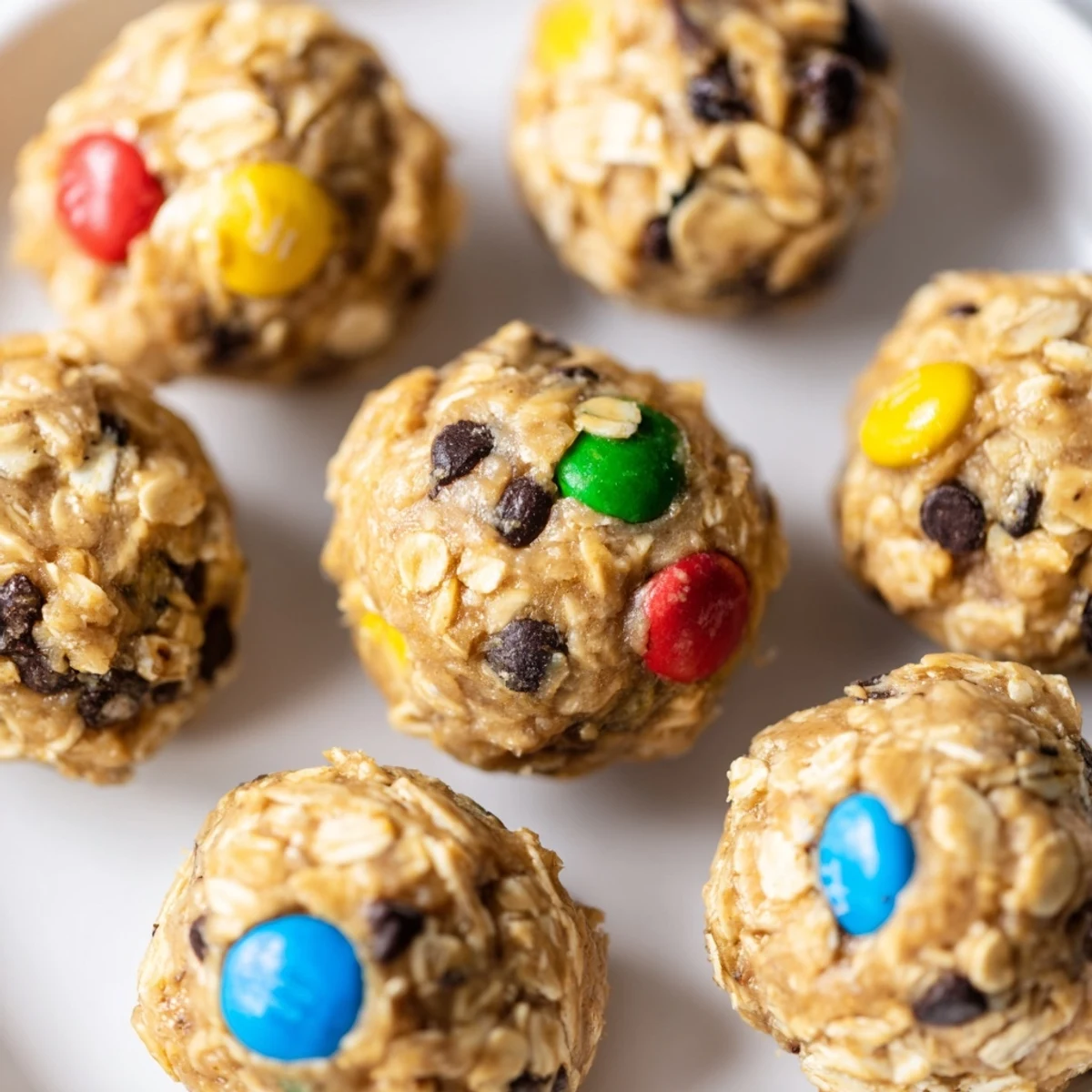 Vibrant Monster Cookie Protein Balls with oats, chocolate chips, and colorful M&Ms on a marble surface.