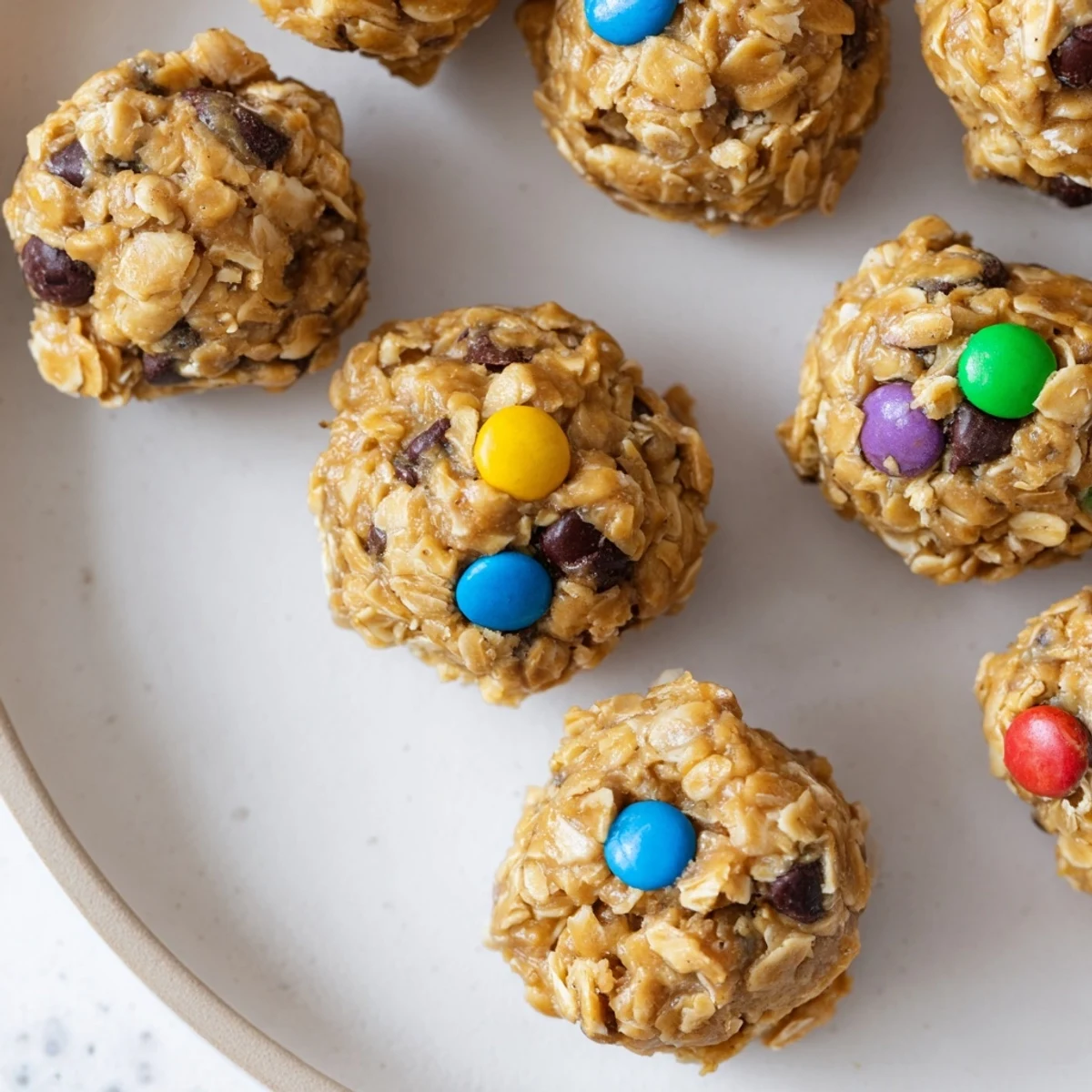 Chewy Monster Cookie Protein Balls are arranged on a wooden board with peanut butter and honey ingredients.