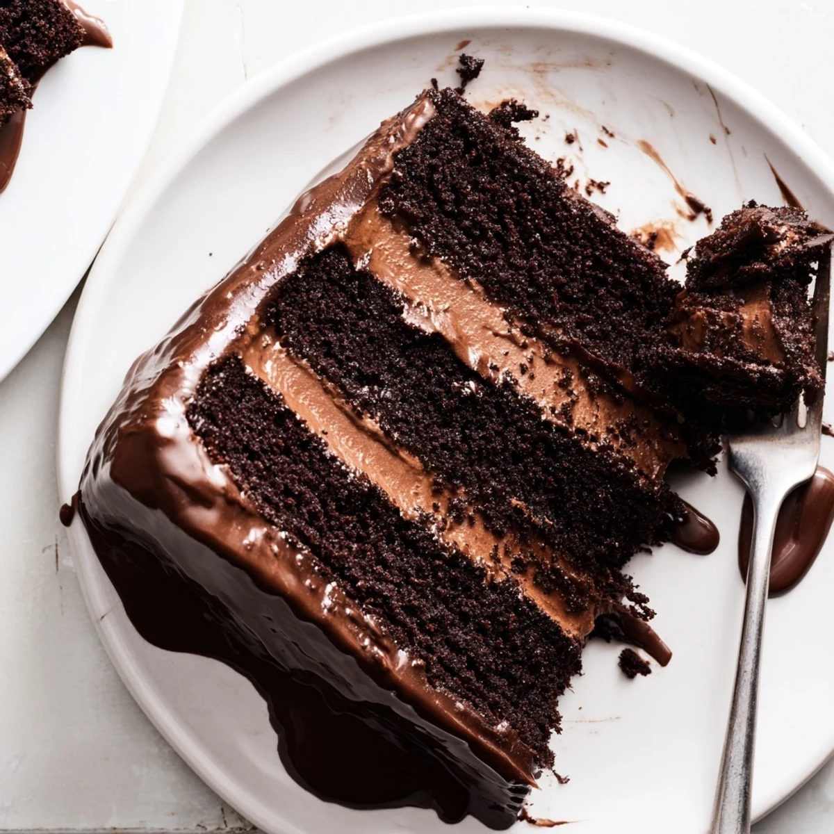 Moist, rich Triple Matilda Chocolate Cake layers stacked high with creamy frosting and glossy ganache drip.