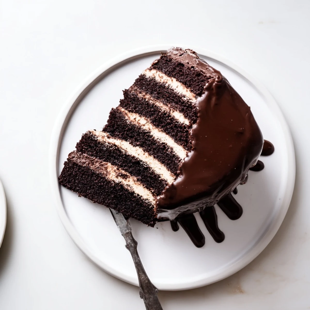 Triple Matilda Chocolate Cake on a marble board with fresh berries for serving, decadent dessert photo.