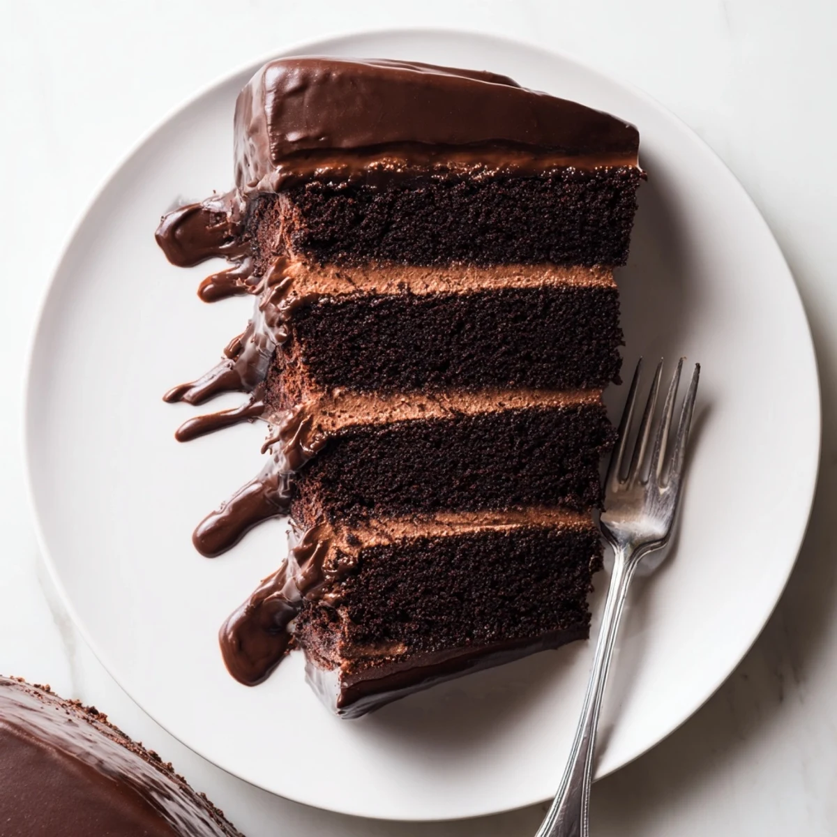 Three-tier Triple Matilda Chocolate Cake with dark sponge, smooth frosting, and chocolate drizzle ready to slice.