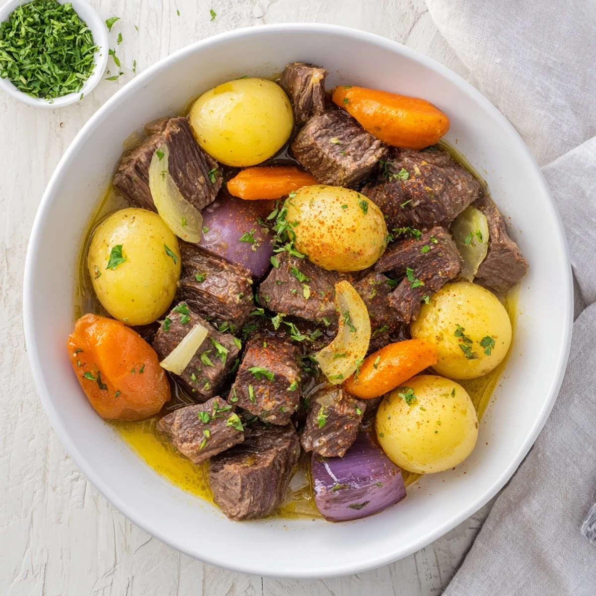 Slow cooker garlic butter beef with potatoes is shown in a rustic crockpot, garnished with fresh parsley for a cozy meal.