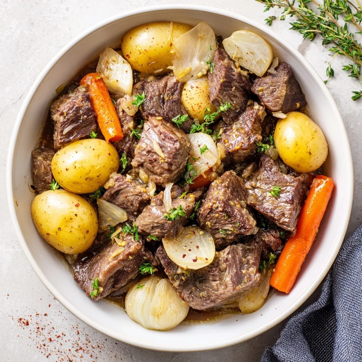 A close-up of fork-tender beef cubes, baby potatoes, and carrots coated in a glistening garlic butter sauce in a slow cooker.