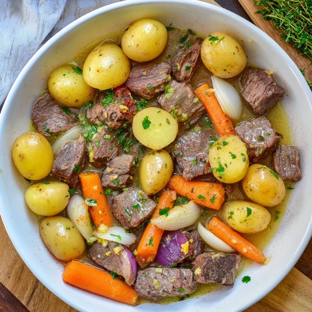 Serving suggestion for slow cooker garlic butter beef with potatoes, plated with steamed green beans for a complete dinner.