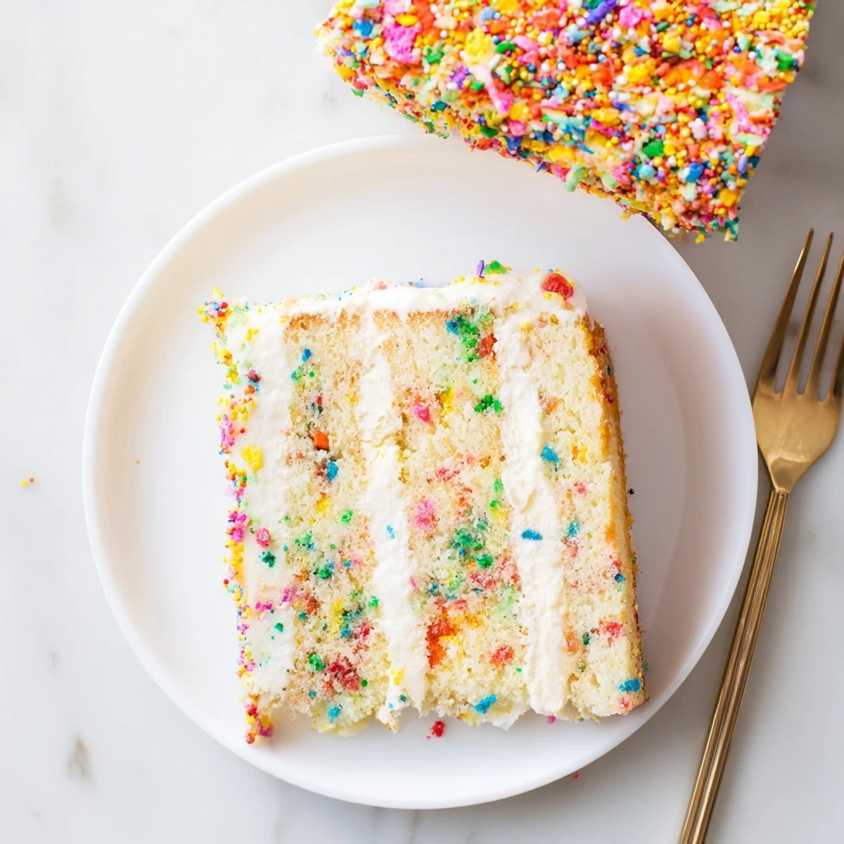 Frosted Milk Bar Birthday Cake slices show colorful sprinkles inside, served on dessert plates with a knife beside them.