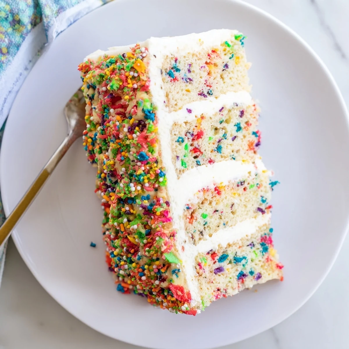 Moist vanilla sponge layers of Milk Bar Birthday Cake stacked with creamy frosting and crunchy rainbow crumb on a white plate.