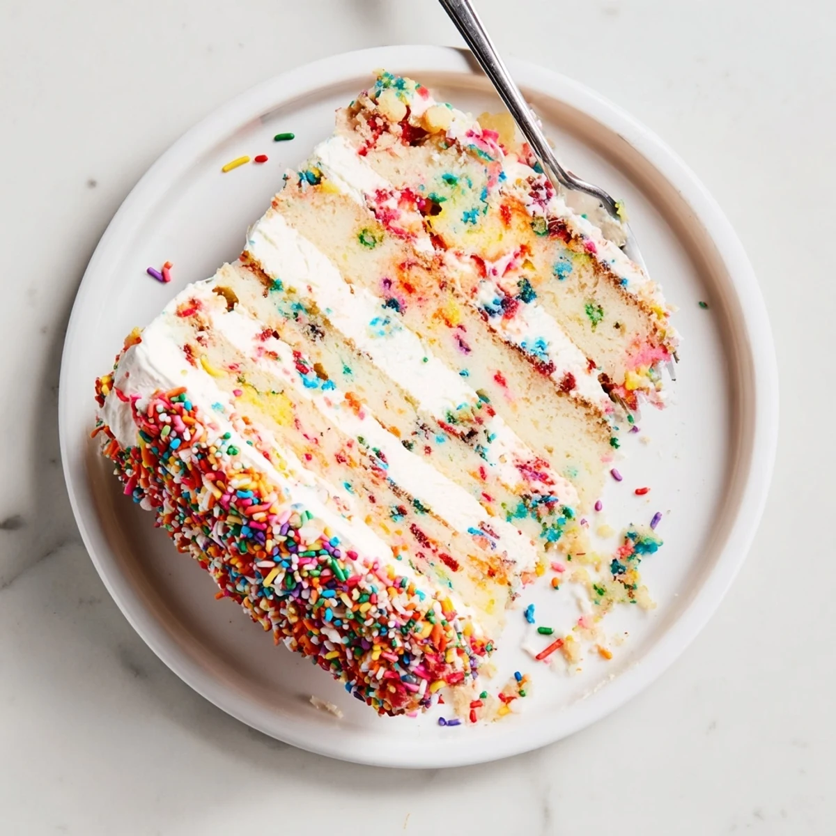 Close-up of Milk Bar Birthday Cake with vanilla crumb topping, ready to serve at a birthday celebration with festive vibes.