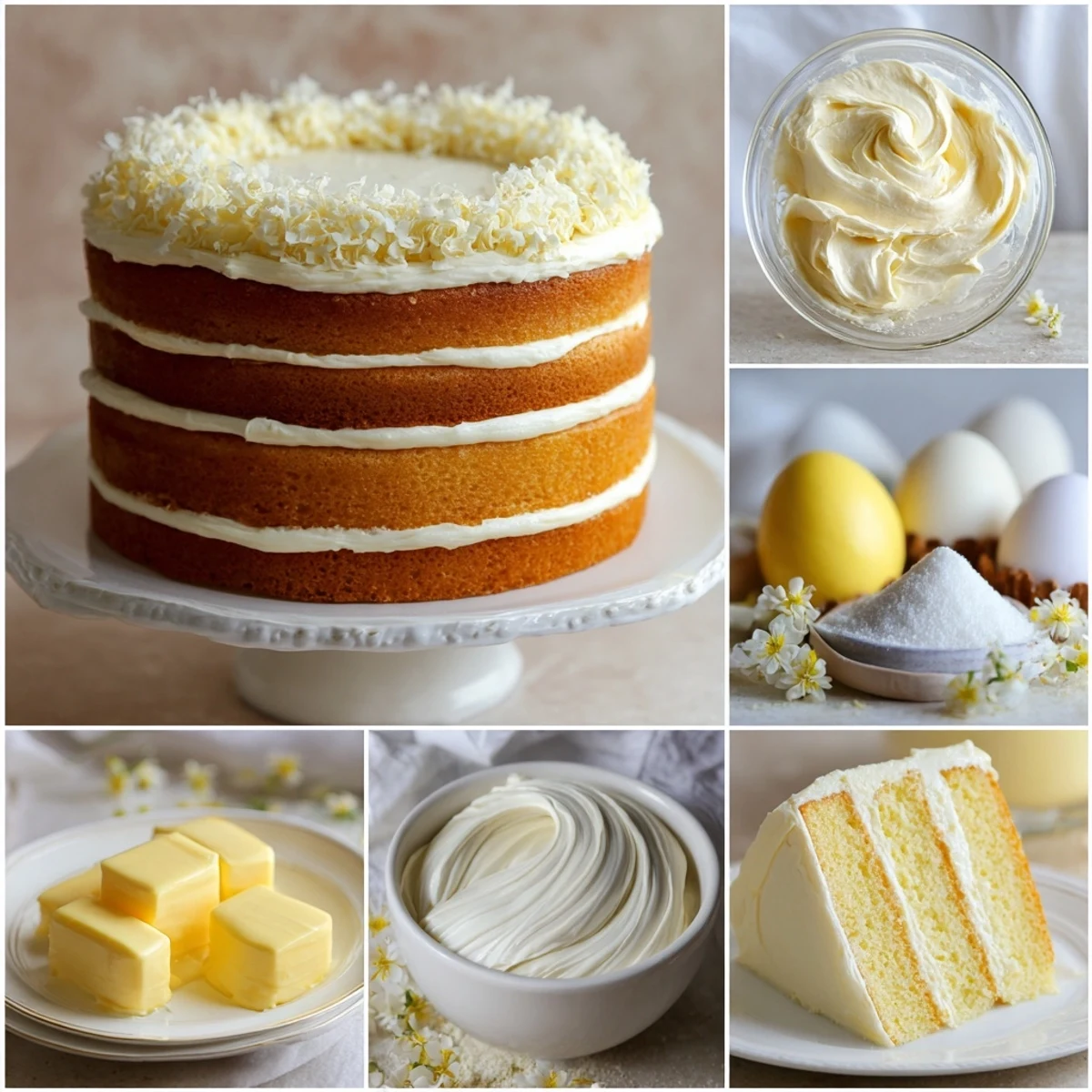 Freshly baked Perfect Vanilla Cake layers with creamy buttercream frosting, displayed on a marble countertop.