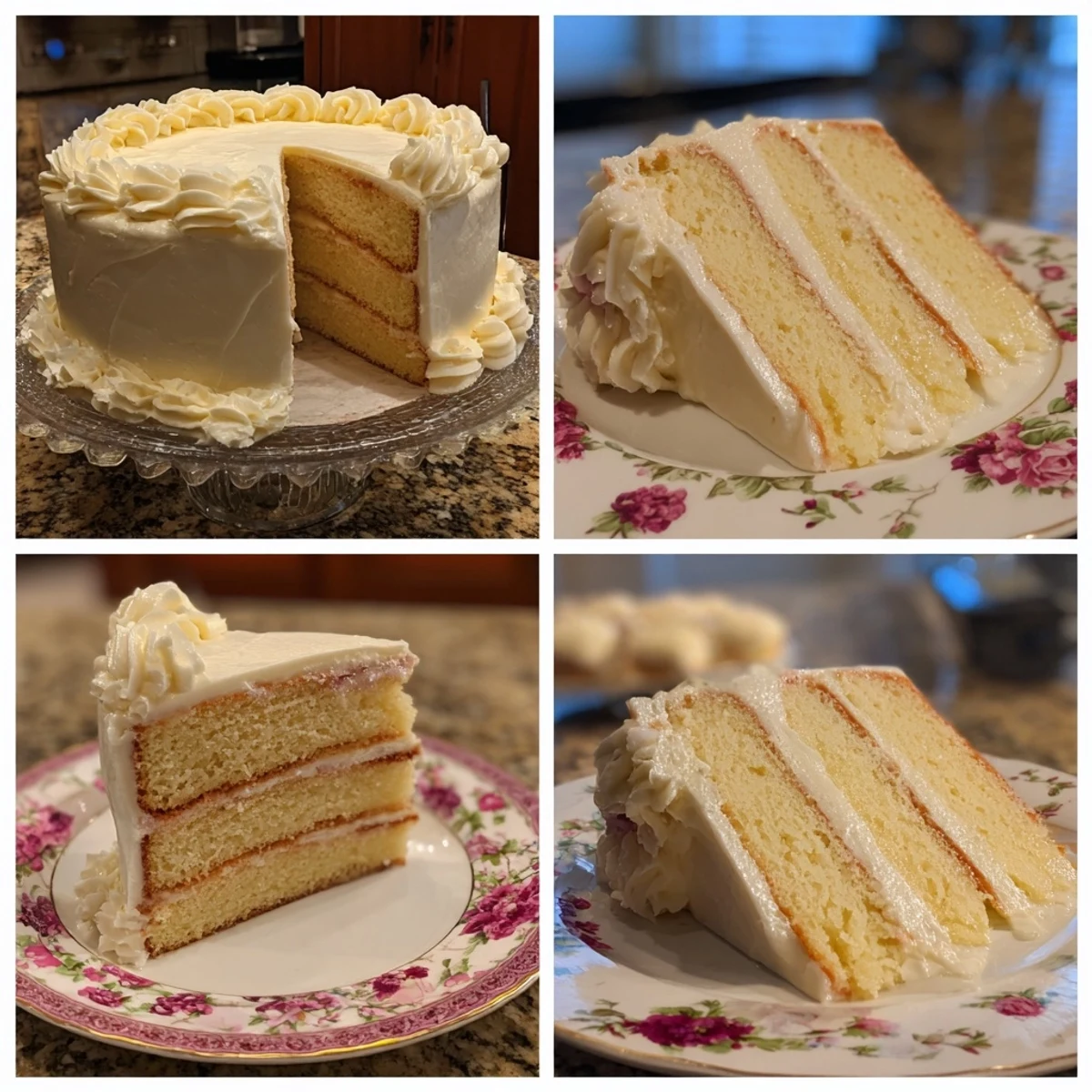 The moist Perfect Vanilla Cake shows fluffy crumb and smooth white frosting, ready to serve.