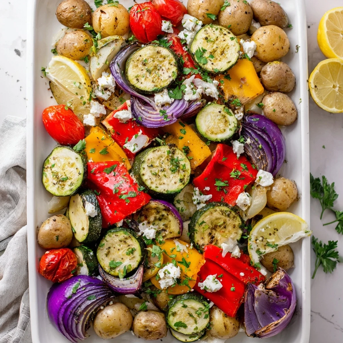 A close-up of One Pan Greek Vegetables with zucchini, peppers, and eggplant roasted until caramelized and sprinkled with crumbled feta.