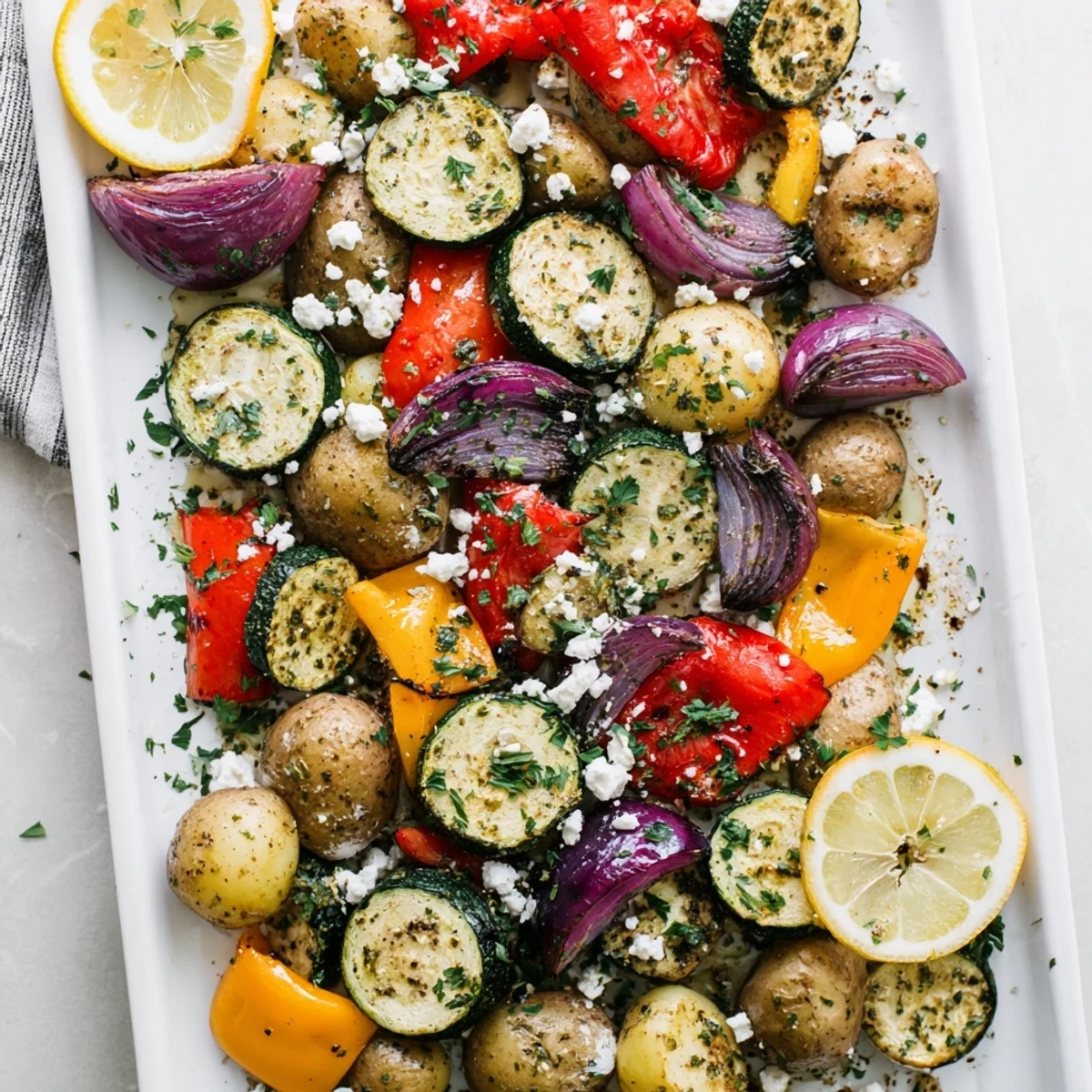 A rustic skillet of One Pan Greek Vegetables beside grilled chicken, highlighting tender roasted potatoes and tomatoes over a Mediterranean-style platter.