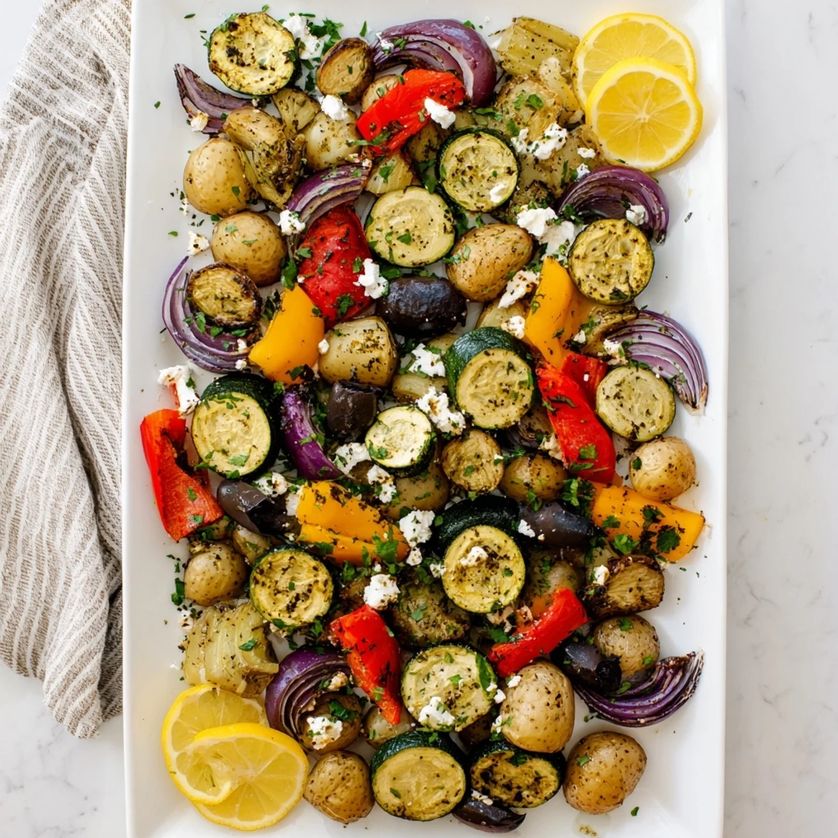 Brightly colored One Pan Greek Vegetables on a baking sheet, finished with parsley and lemon wedges for a fresh, zesty serving suggestion.