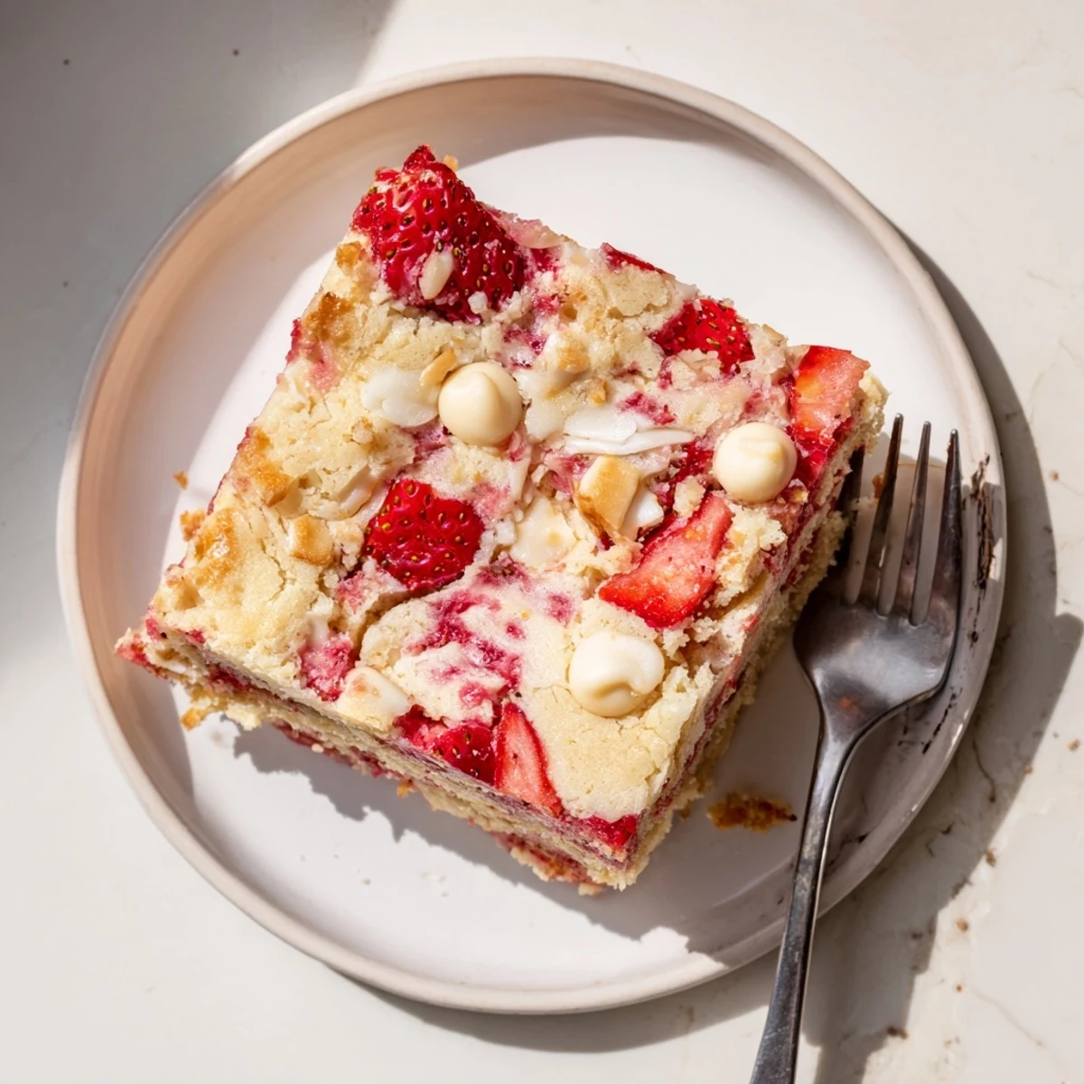 A slice of gooey Strawberry Earthquake Cake reveals marbled cheesecake swirls and fresh berry pieces on a white plate.