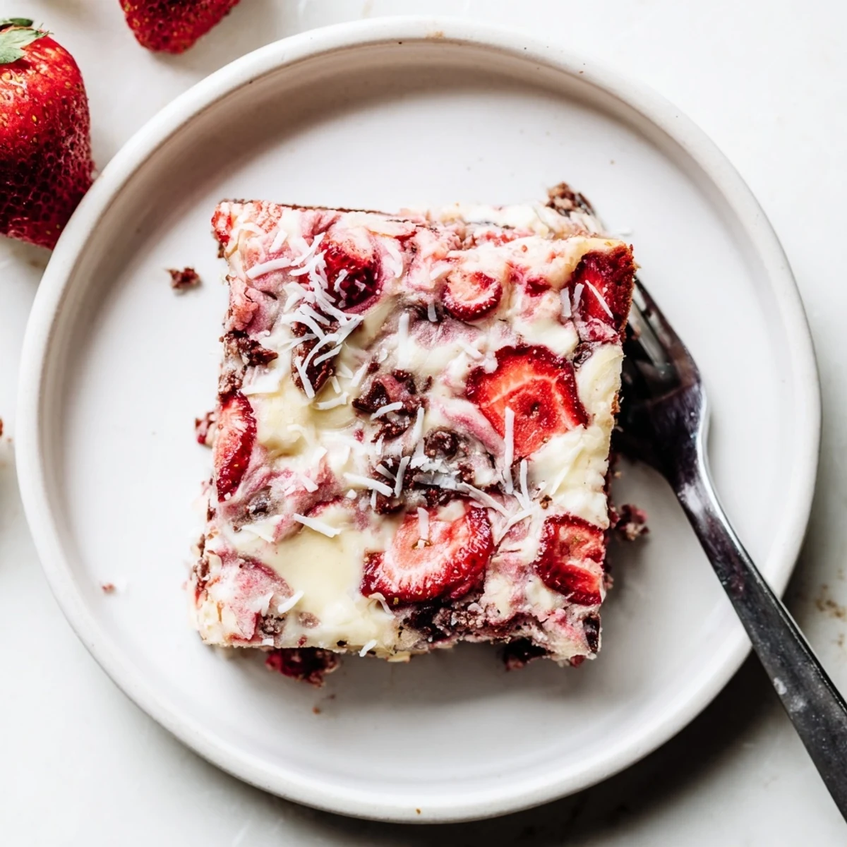 Serve the decadent Strawberry Earthquake Cake slightly warm, topped with whipped cream and a drizzle of strawberry sauce.