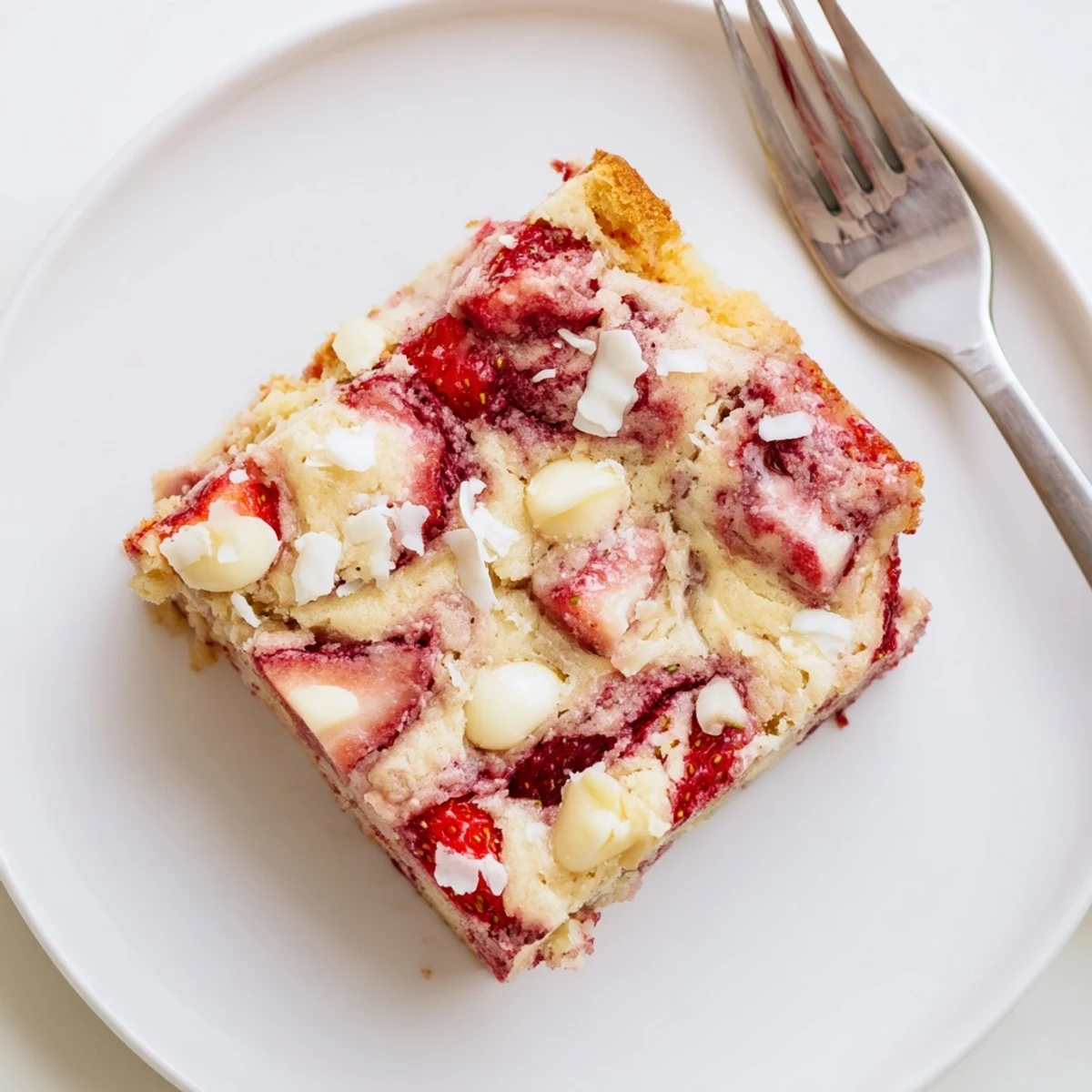 The warm Strawberry Earthquake Cake bursts with melted white chocolate chips and diced strawberries in a rustic pan.