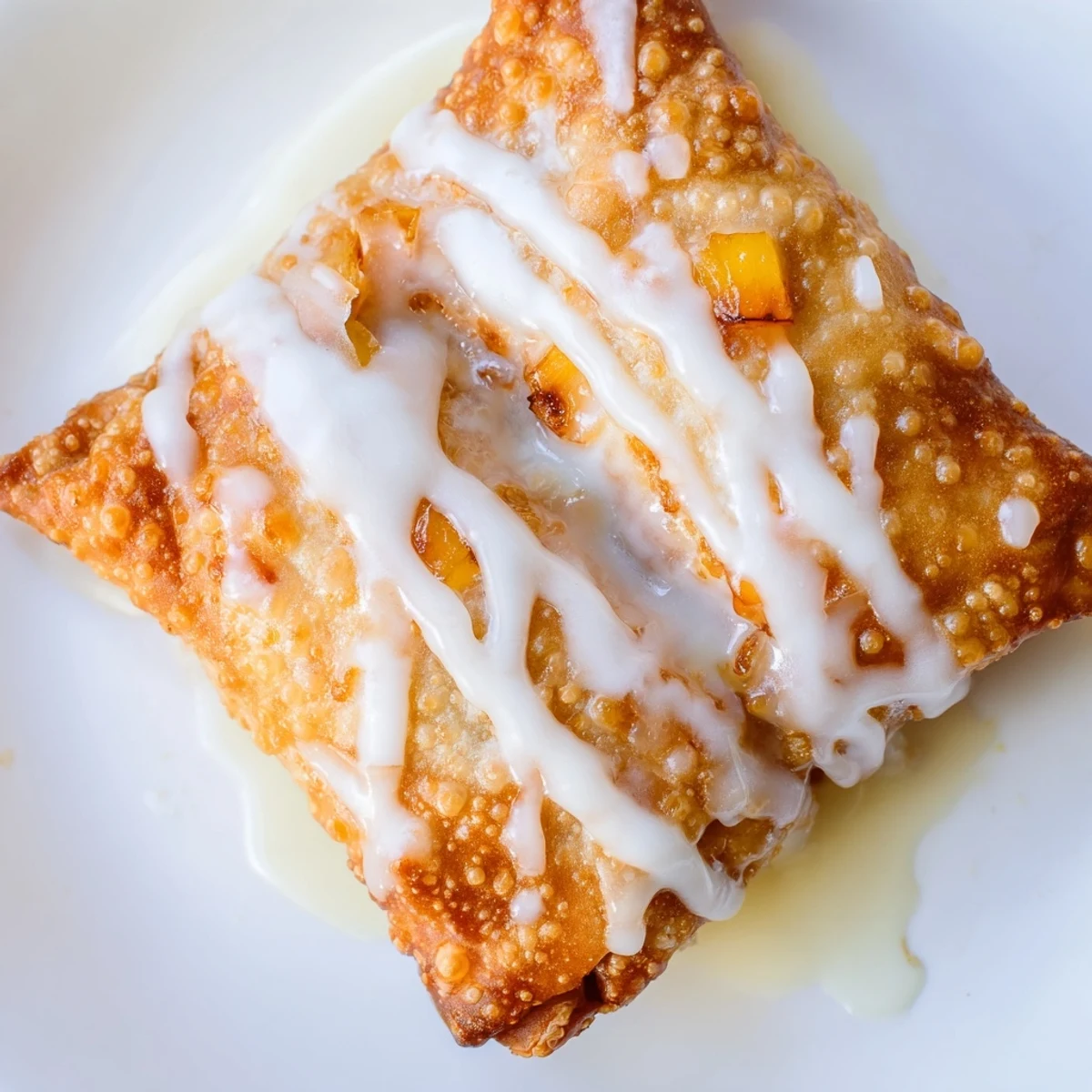 Golden, crispy Peach Cobbler Egg Rolls sit on a plate, drizzled with vanilla glaze and dusted with powdered sugar.