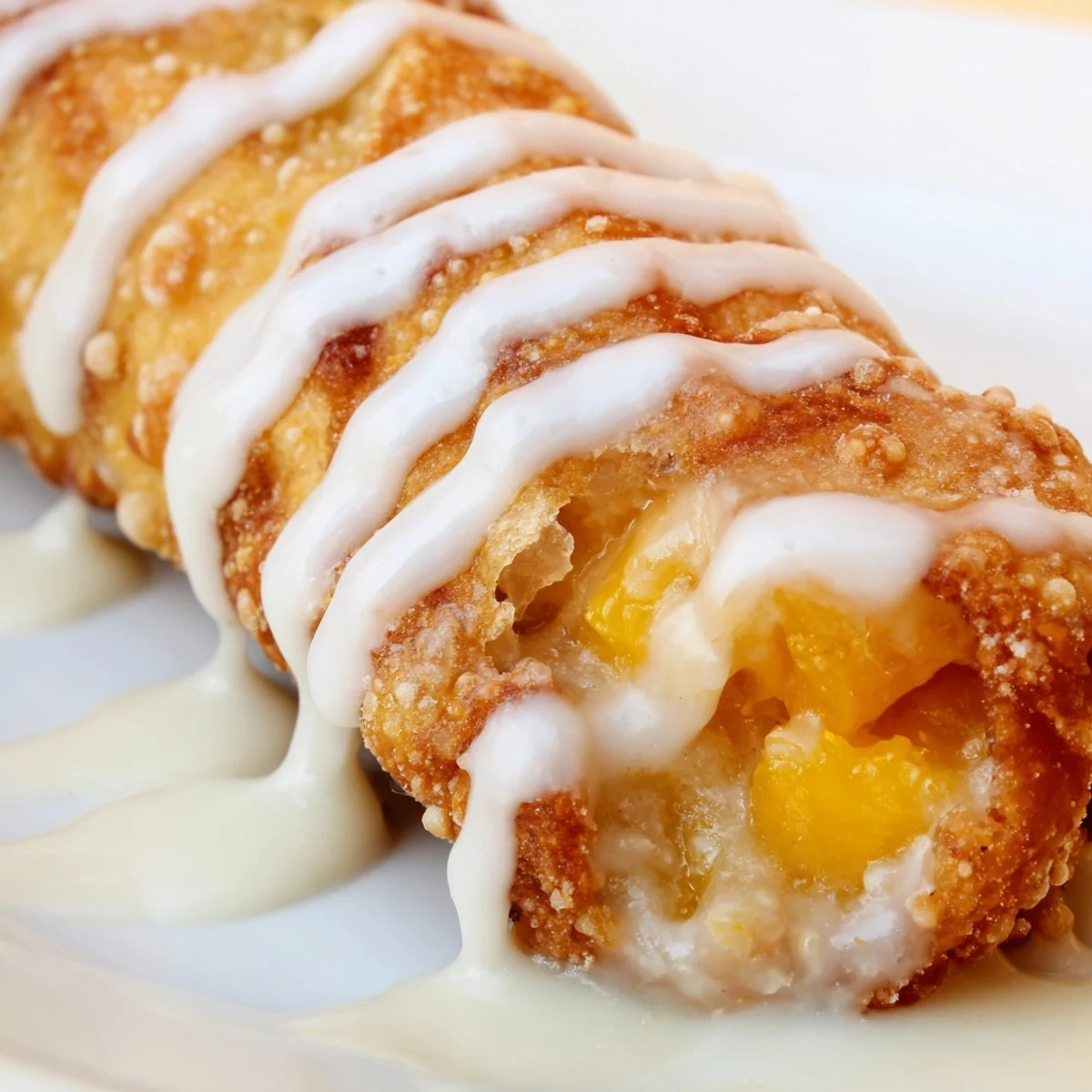 Baked Peach Cobbler Egg Rolls on a wooden board, paired with a small bowl of vanilla ice cream.