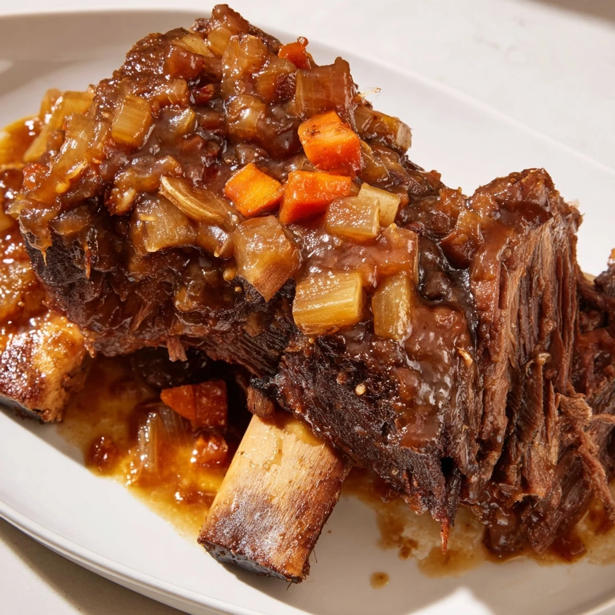 Glistening maple bourbon glazed short ribs served over creamy mashed potatoes with fresh herbs.  