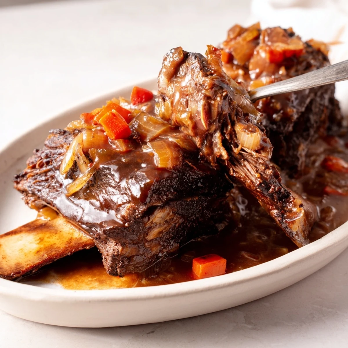 Fall-off-the-bone short ribs with a rich, smoky maple bourbon glaze on a rustic platter.  