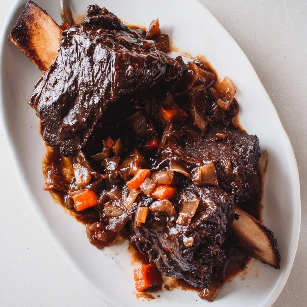 Tender maple bourbon glazed short ribs paired with roasted root vegetables in a cozy setting.