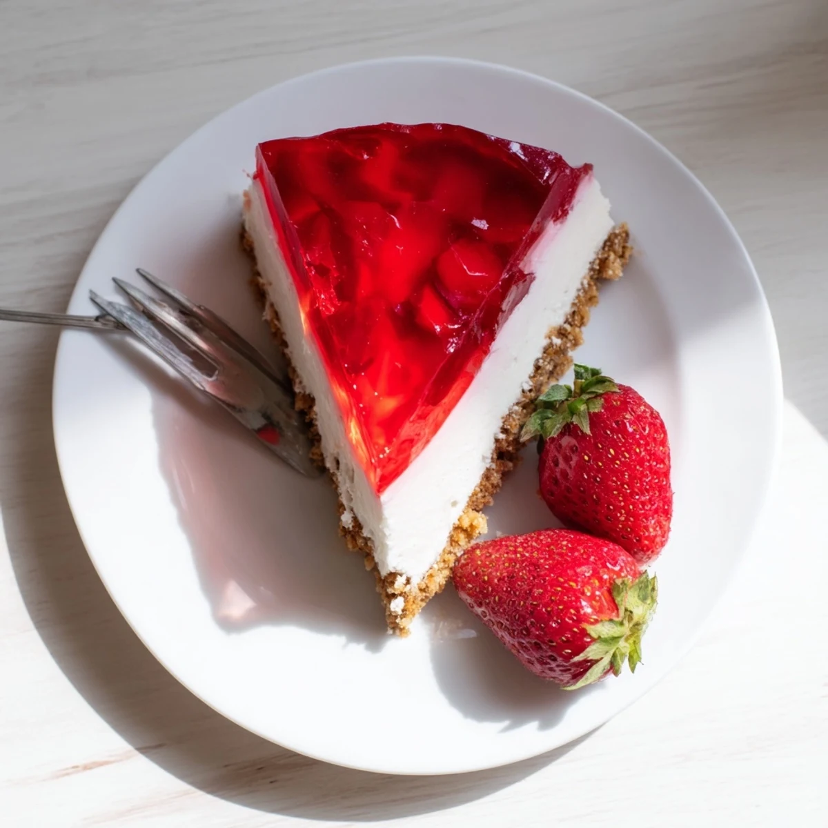 A slice of No Bake Greek Yogurt Jello Cheesecake on a plate, topped with fresh raspberries and mint.