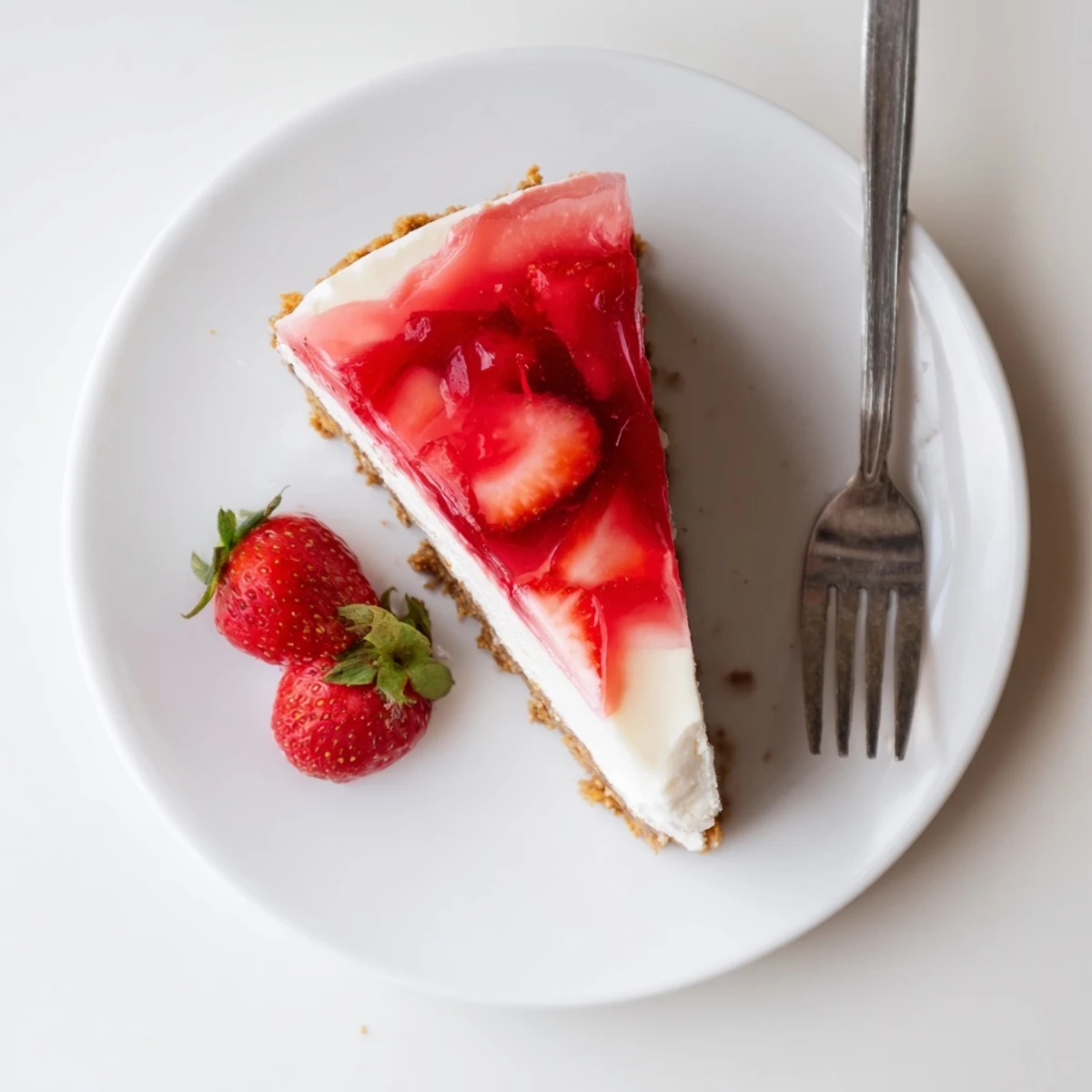 A full No Bake Greek Yogurt Jello Cheesecake in a springform pan with a shiny jello topping.