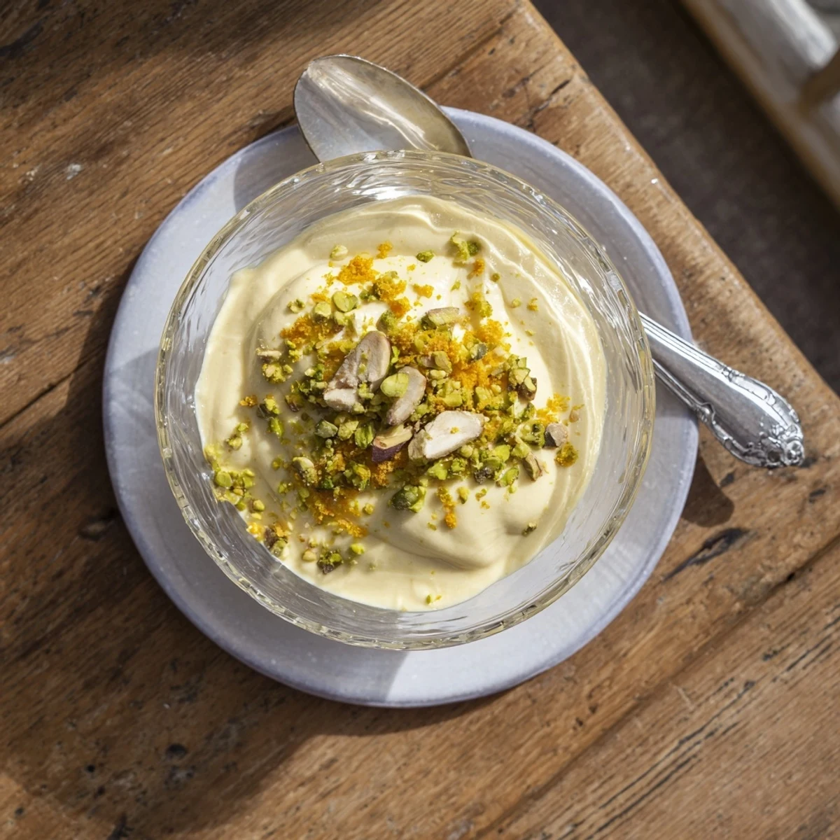 Airy Lebanese Date Orange Blossom Mousse topped with pistachios in a glass.