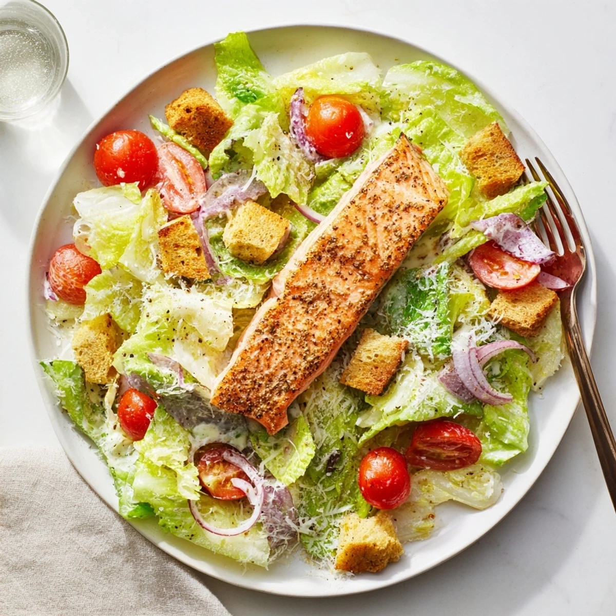 Ready to serve Salmon Caesar Salad plated with tender salmon, fresh lettuce, and a drizzle of creamy Caesar dressing.