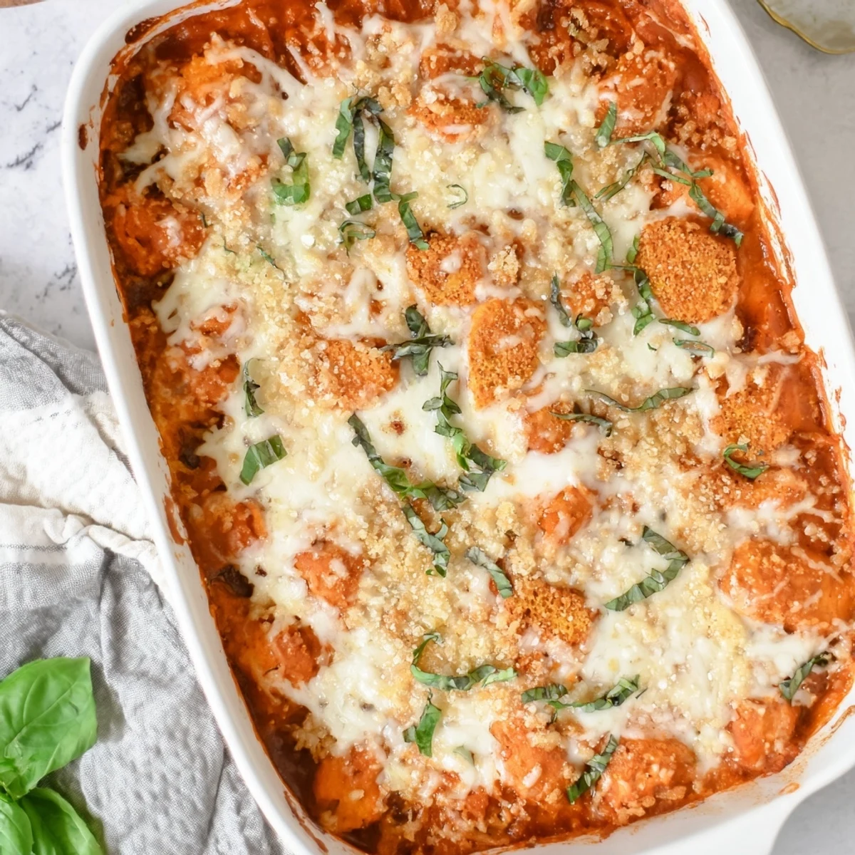 Golden brown Keto Chicken Parmesan Casserole bubbling with melted mozzarella in a white dish.