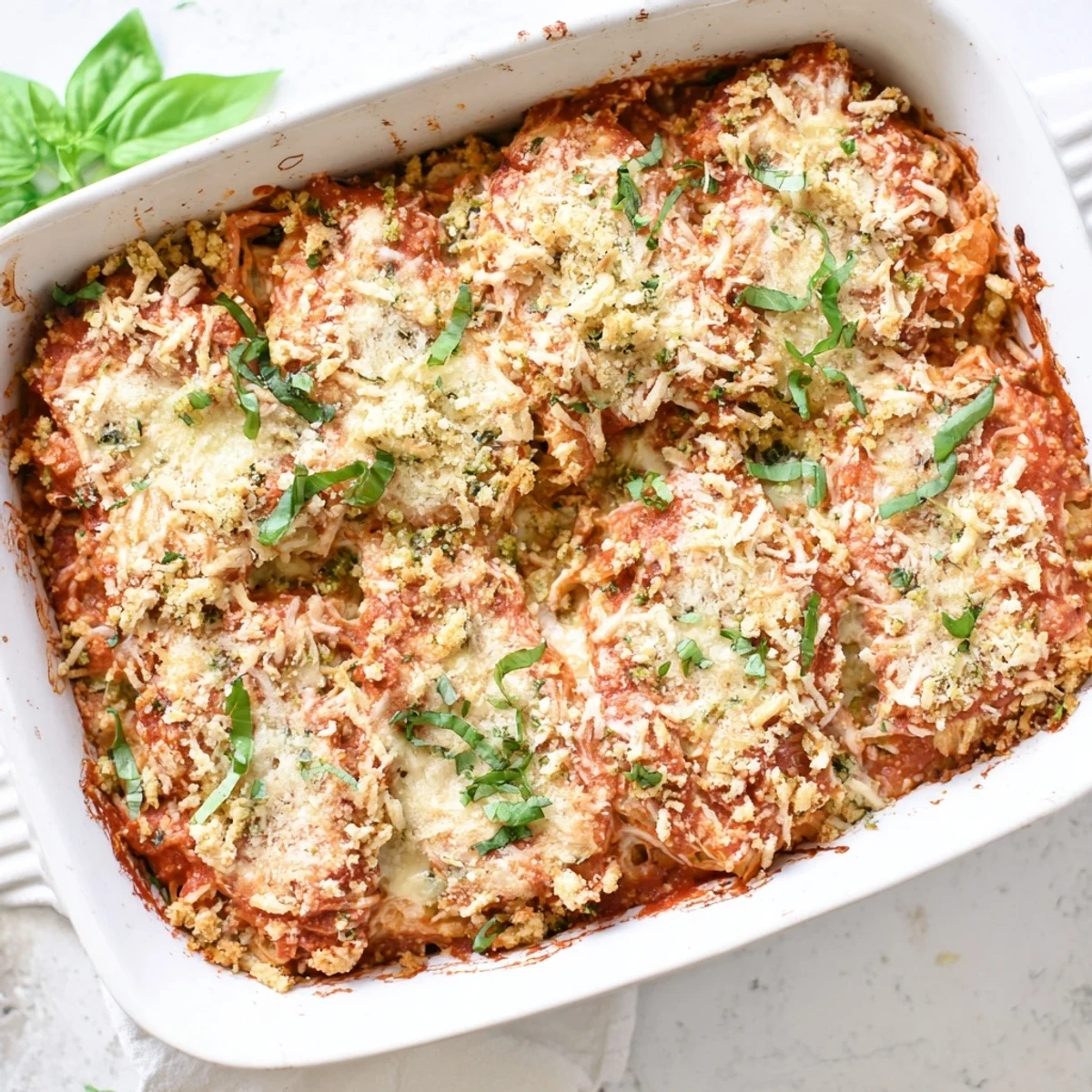 A hearty scoop of Keto Chicken Parmesan Casserole reveals tender chicken and rich marinara sauce.