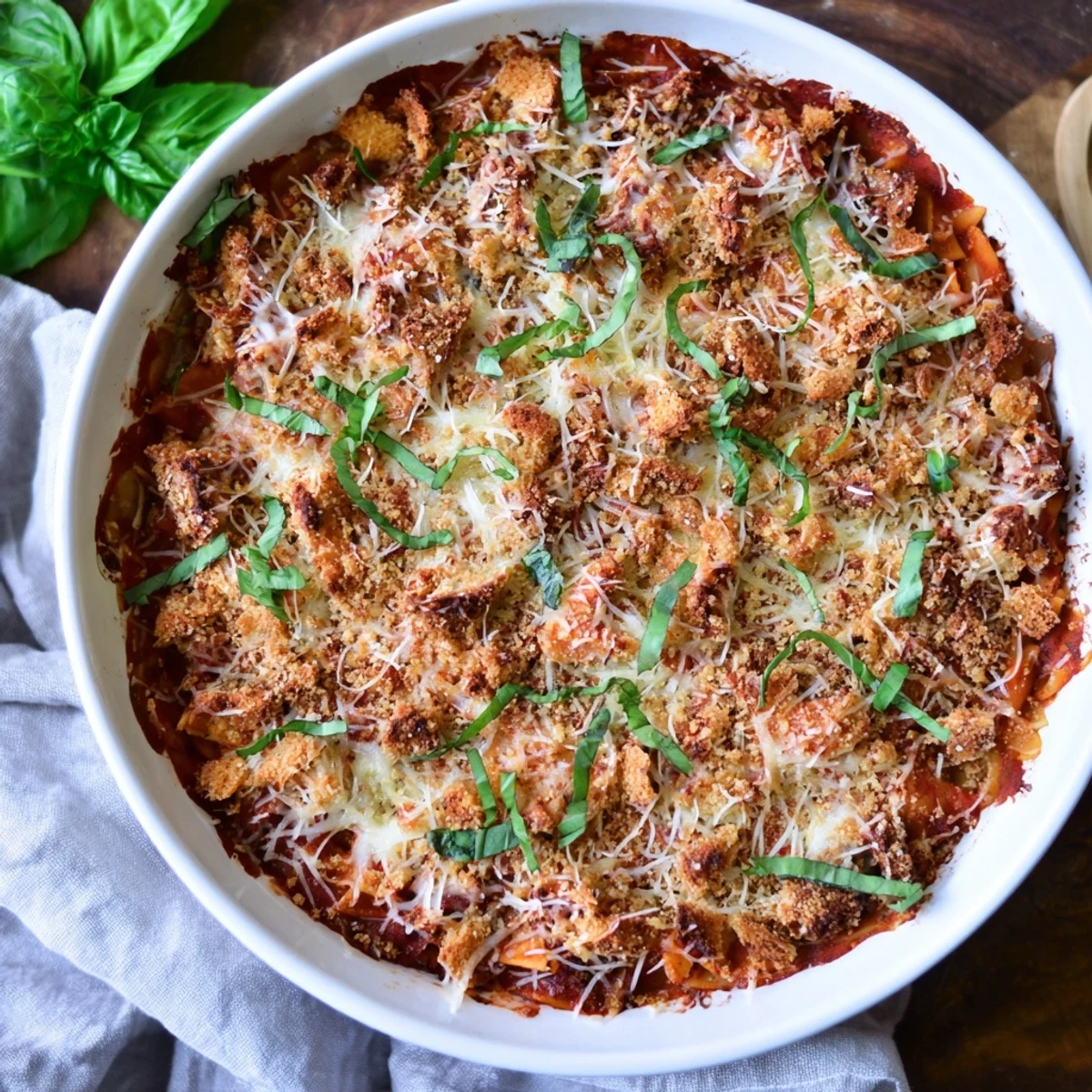 Keto Chicken Parmesan Casserole topped with fresh basil and a golden, cheesy crust ready to serve.