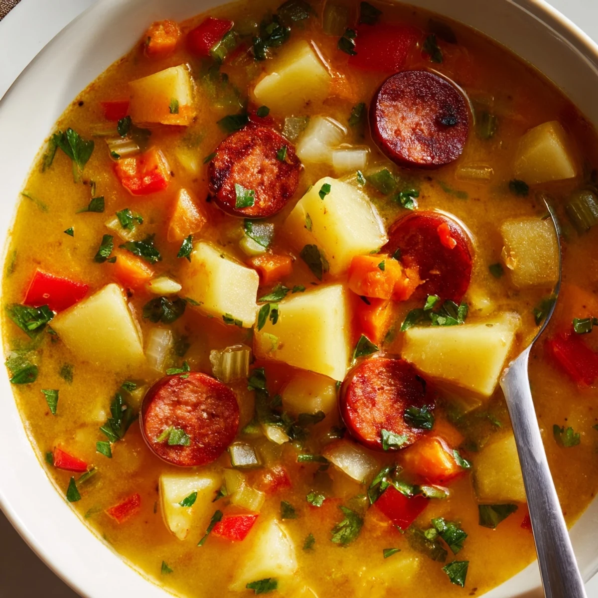 Steaming Spanish Potato Soup with Chorizo in a rustic bowl, topped with crispy chorizo slices and fresh parsley garnish.