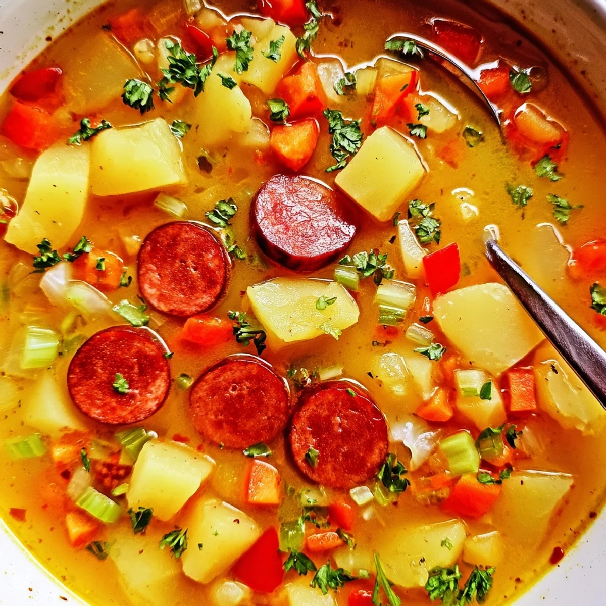Hearty Spanish Potato Soup with Chorizo features tender potatoes and smoky sausage, served with crusty bread for dipping.