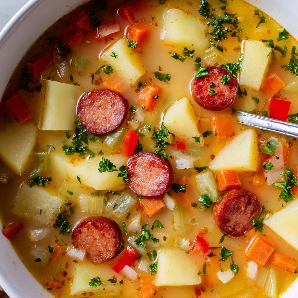 Bright red chorizo and diced vegetables float in this comforting Spanish Potato Soup with Chorizo, ready to serve.