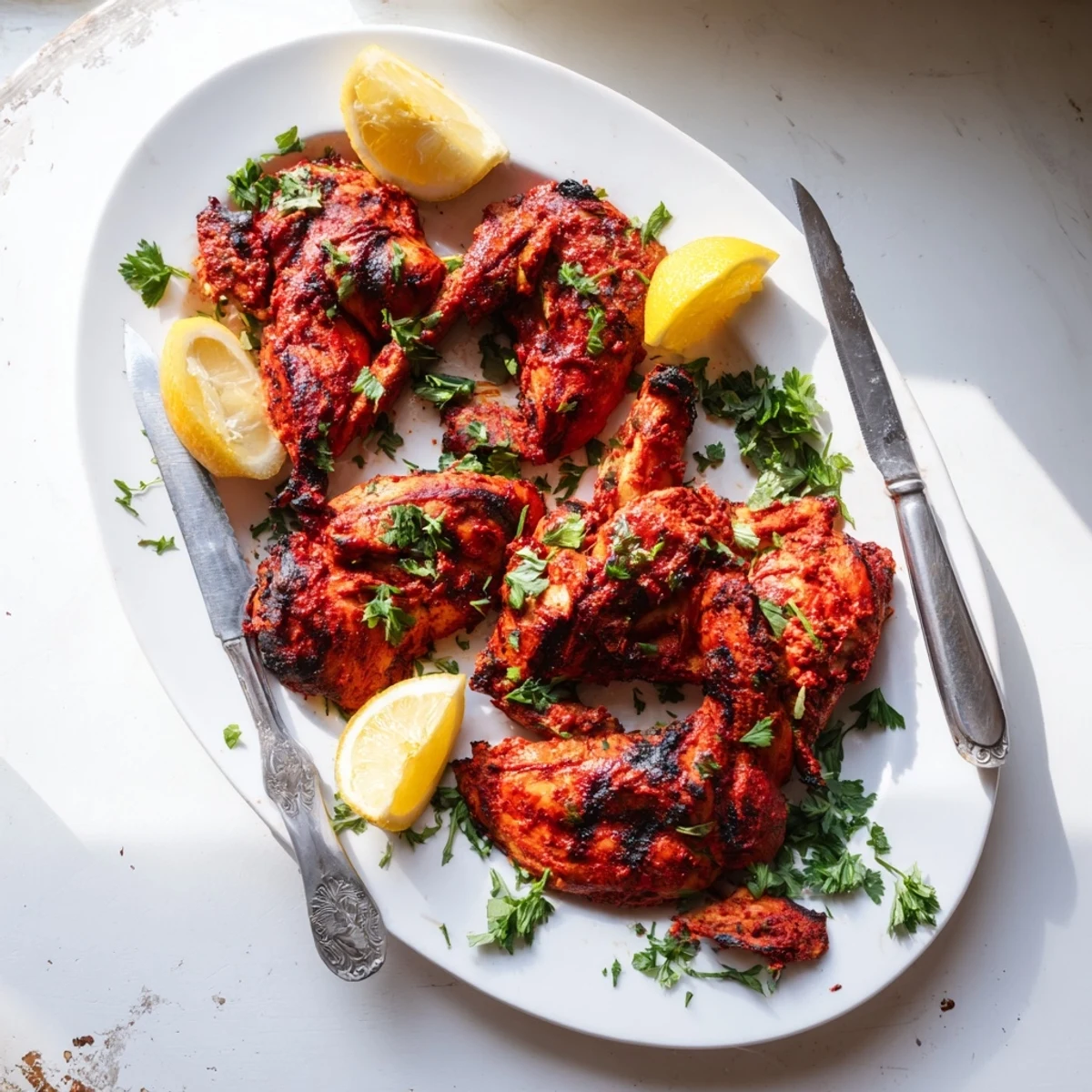 Golden-brown Peri Peri Chicken fresh off the grill with charred edges and vibrant red marinade, served with lemon wedges on a rustic wooden table.