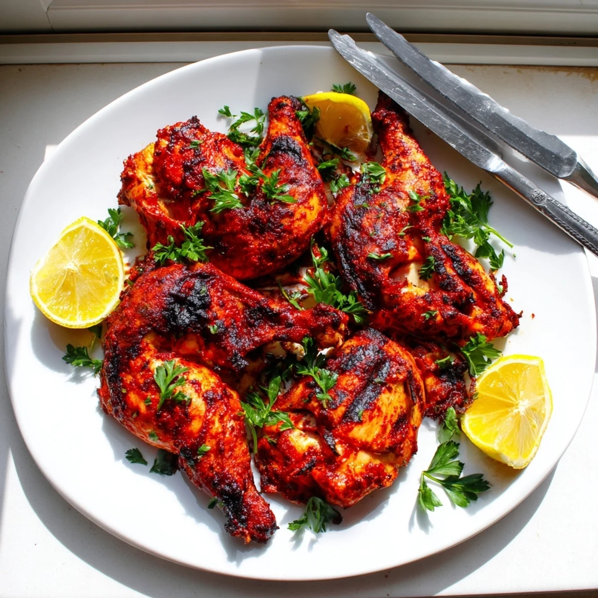 Close-up of tender Peri Peri Chicken highlighting smoky, spicy skin and glistening herbs, ready to be served alongside grilled vegetables.