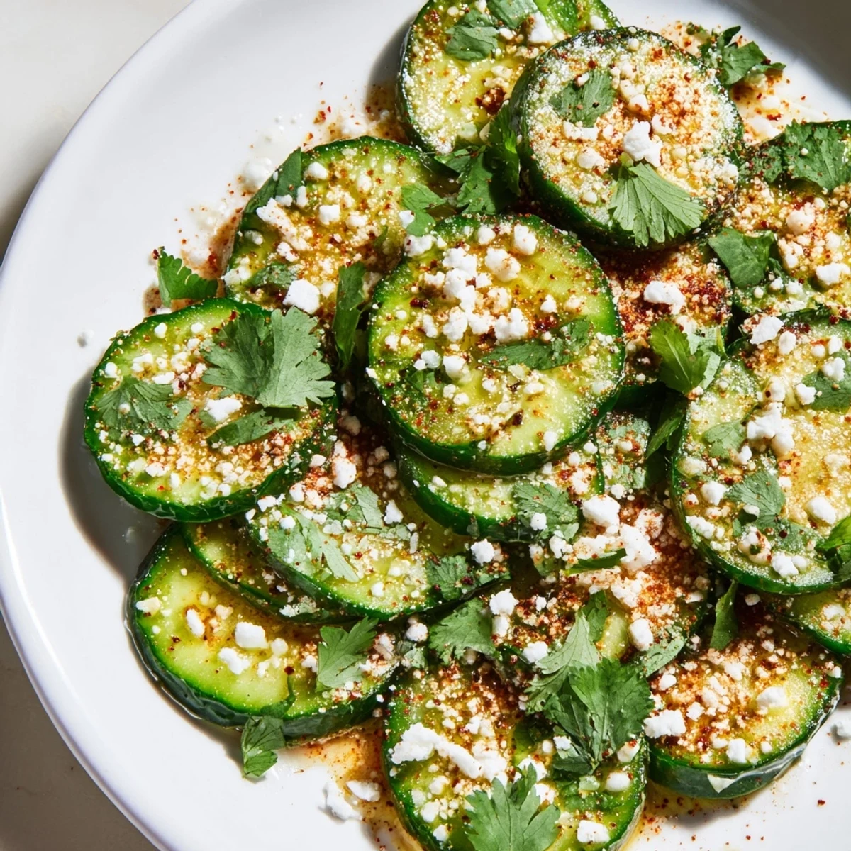 Bright chilled Mexican Style Cucumbers with lime juice and chili powder in a white bowl, topped with fresh cilantro and cotija cheese, a perfect summer snack.