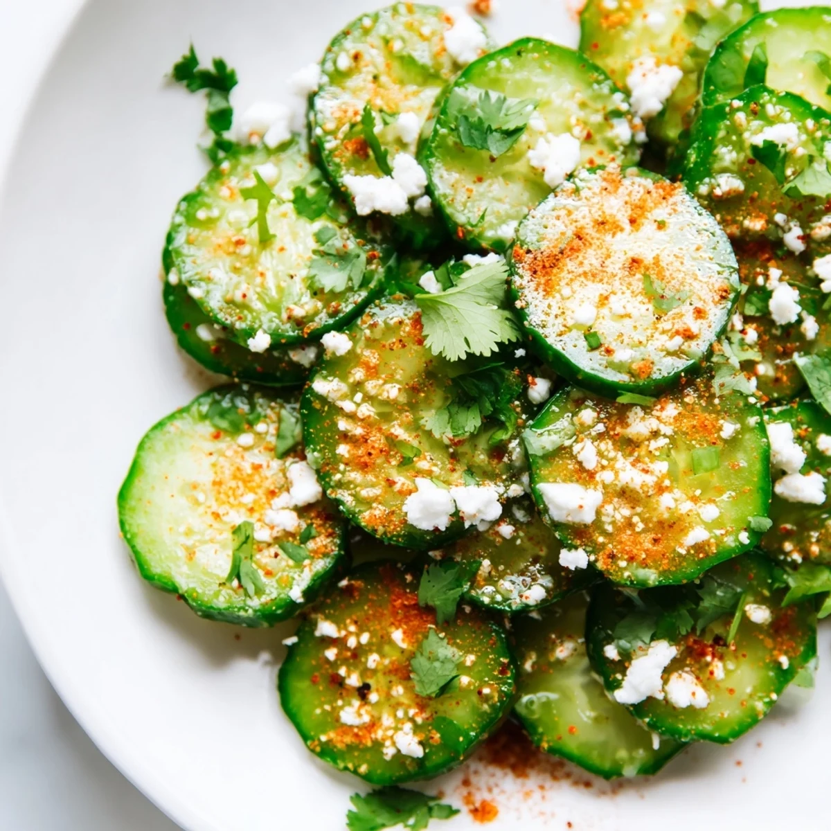 Crisp Mexican Style Cucumbers seasoned with tangy lime and chili powder, topped with fresh cilantro and cotija, ready to enjoy as a light vegan appetizer.