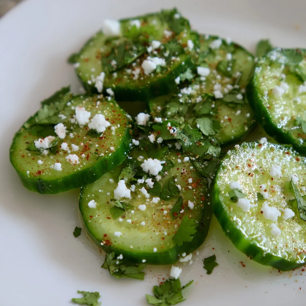 Mexican Style Cucumbers slices tossed in zesty lime and chili seasoning, garnished with cilantro, served in a rustic bowl with lime wedges for squeezing.